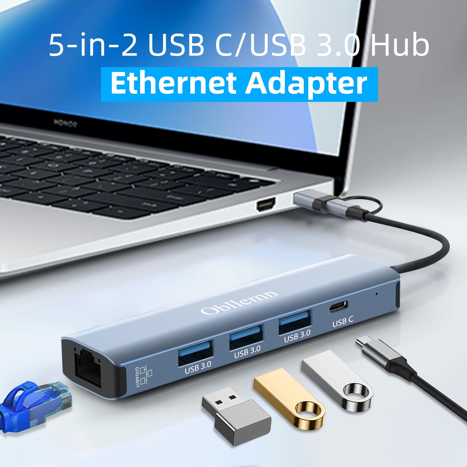 Adattatore USB Ethernet, Hub USB C Ethernet, RJ45 LAN 1000Mbps, 3 Porte USB 3.0, USB Tipo C per Windows/MAC/Linux/Chromebook