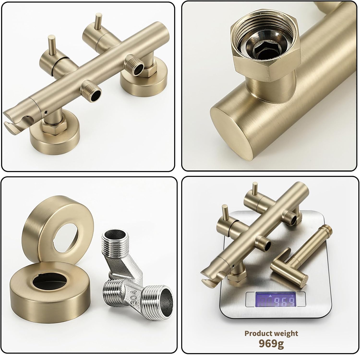 Bidet Sprayer, Wall-Mounted Douche Spray with Two Water Outlets, Circular Hot and Cold Bidet Sprayer for Toilet with 1.2m Stainless Steel Flexible Hose, Brushed Gold Brass Toilet Washer Spray