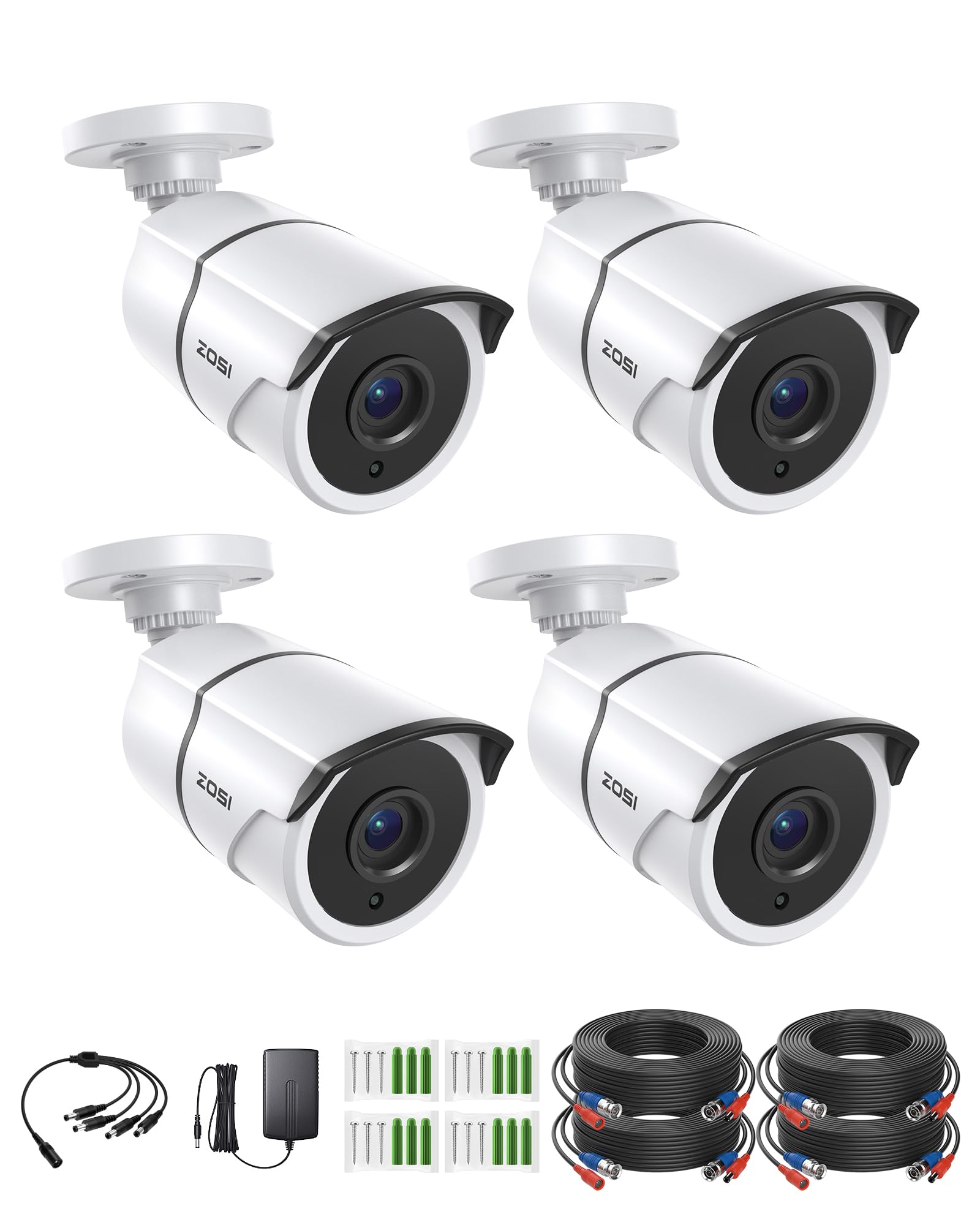 ZOSI 4 Pack 2.0MP 1080P HD-TVI Security Cameras with Audio, 100ft Night Vision, Outdoor Indoor Weatherproof Home Surveillance CCTV Bullet Camera for 1080P/5MP/4K HD-TVI Analog DVR System