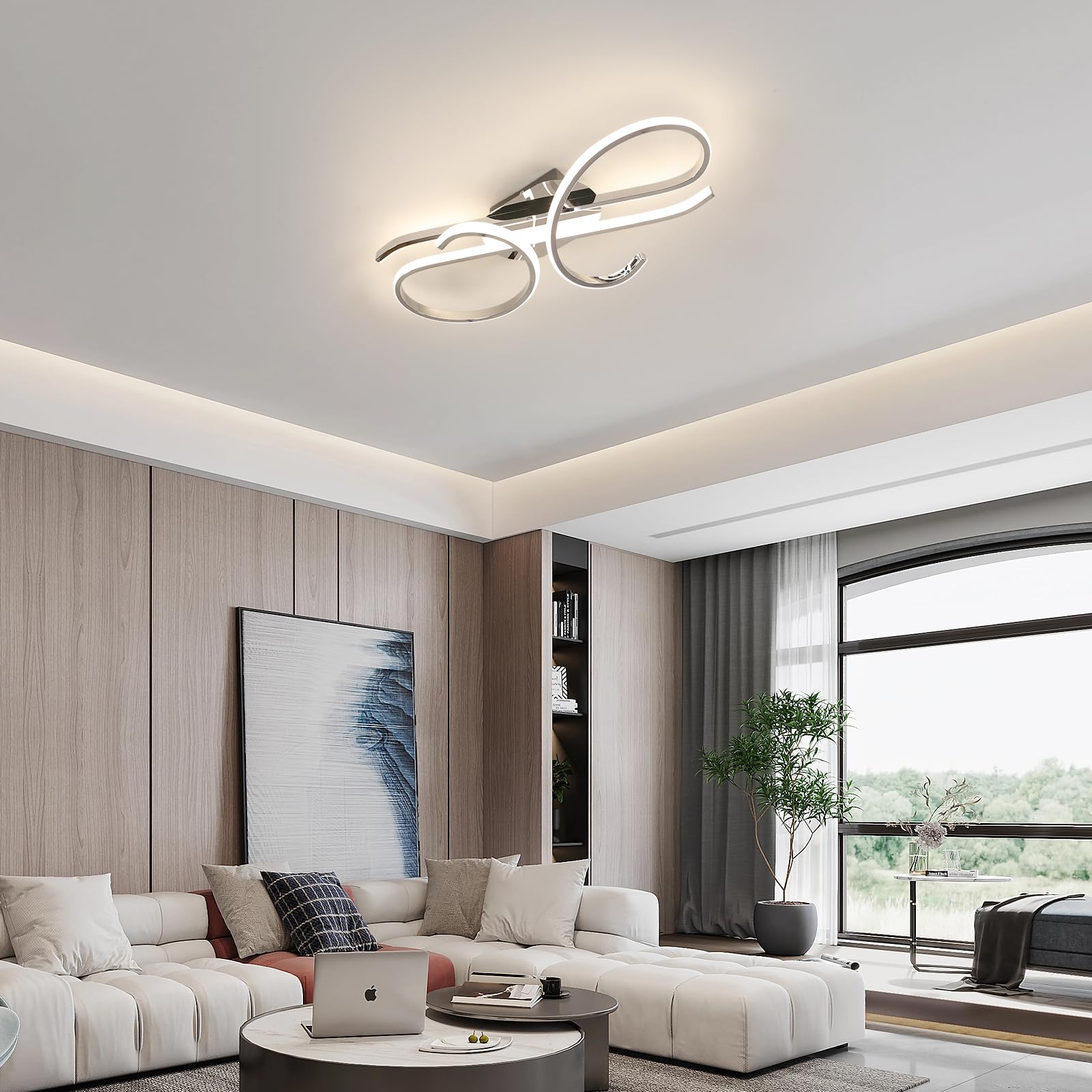DELIPOP Plafoniera LED Soffitto Dimmerabile, 30W Lampadario Soffitto Moderno con Telecomando 3000K-6500K, Cromato Plafoniera Design Curvo Musicale per Camera da Letto, Soggiorno, Ingresso & Hotel