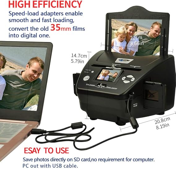 Digital Film Scanner, High Resolution 16MP with 2.4 LCD, 4 in 1 Converts 35mm/135 Slides & Negatives, Photo, Name Card to Digital Files, Black