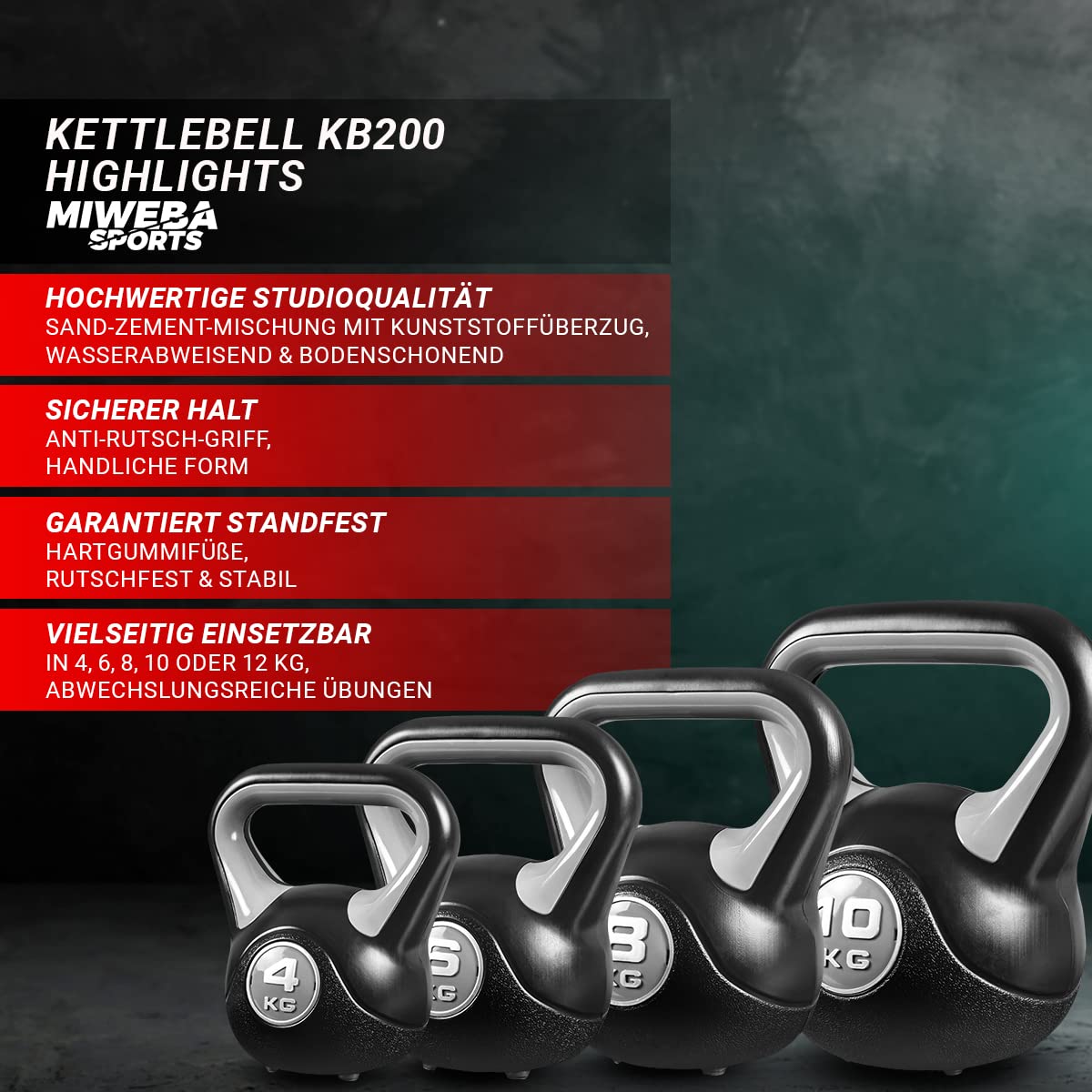 Miweba Sports Kettlebell KB200 | 4.0-12.0 Kg Gewichte - Kugelhantel - Kugelgewicht - Schwunghantel - Kettlebells - Hanteln - Hantel für Indoor & Outdoor - Krafttraining - Bodenschonend