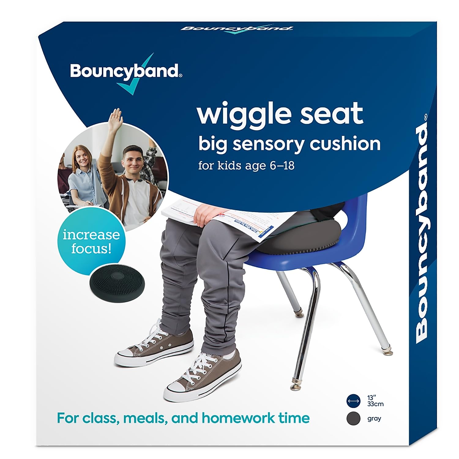 Bouncyband – Wiggle Seat – Gray, 13” D – Large Sensory Cushion for Kids Ages 6-18+ – Promotes Active Learning, Improves Student Productivity, Includes Easy-Inflation Pump