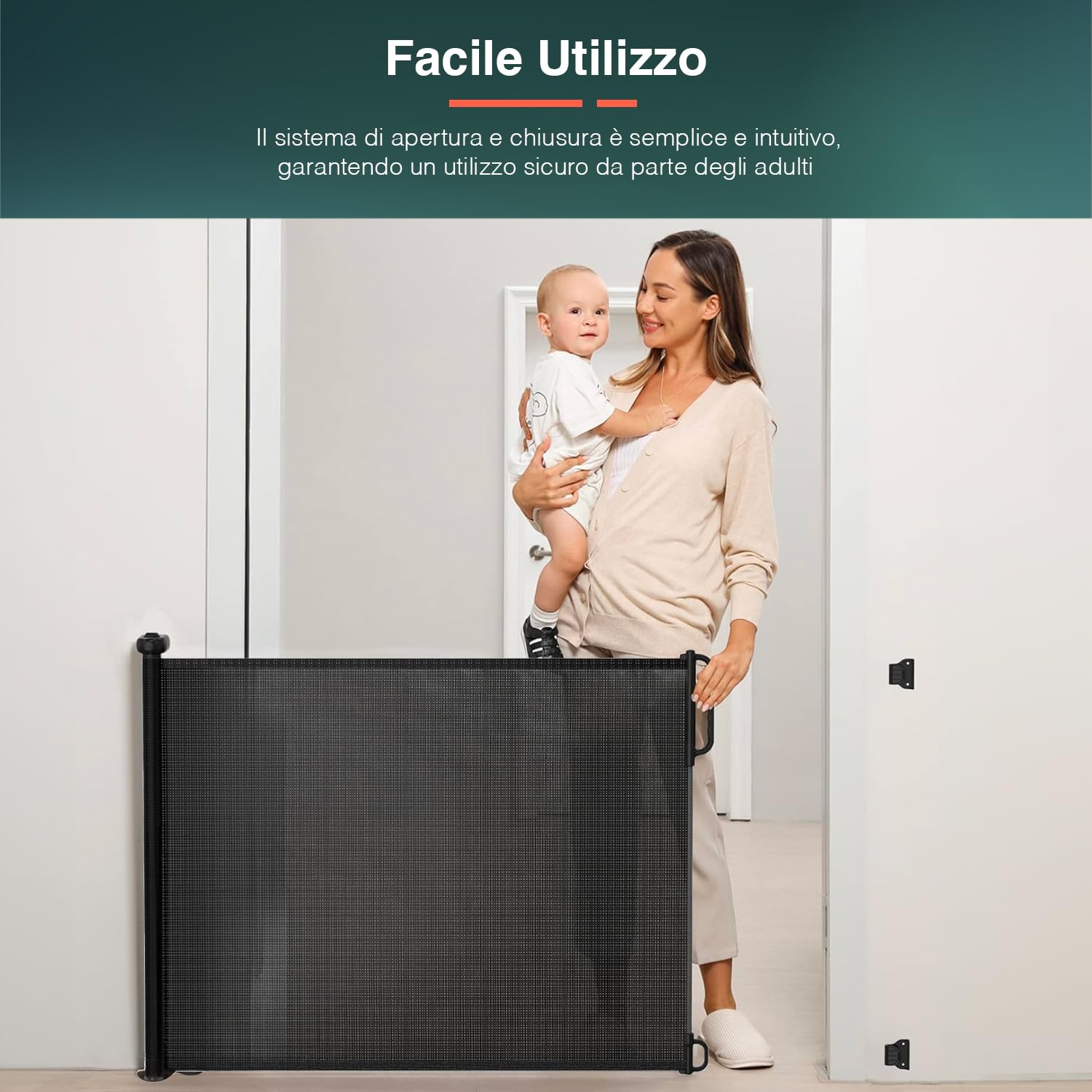 Cancello di Sicurezza per Bambini e Animali Estendibile - Cancelletto Ideale per Scale e Porte, Meccanismo di Blocco Facile, Montaggio a Vite, in ABS e PVC, 130x88 cm, Nero