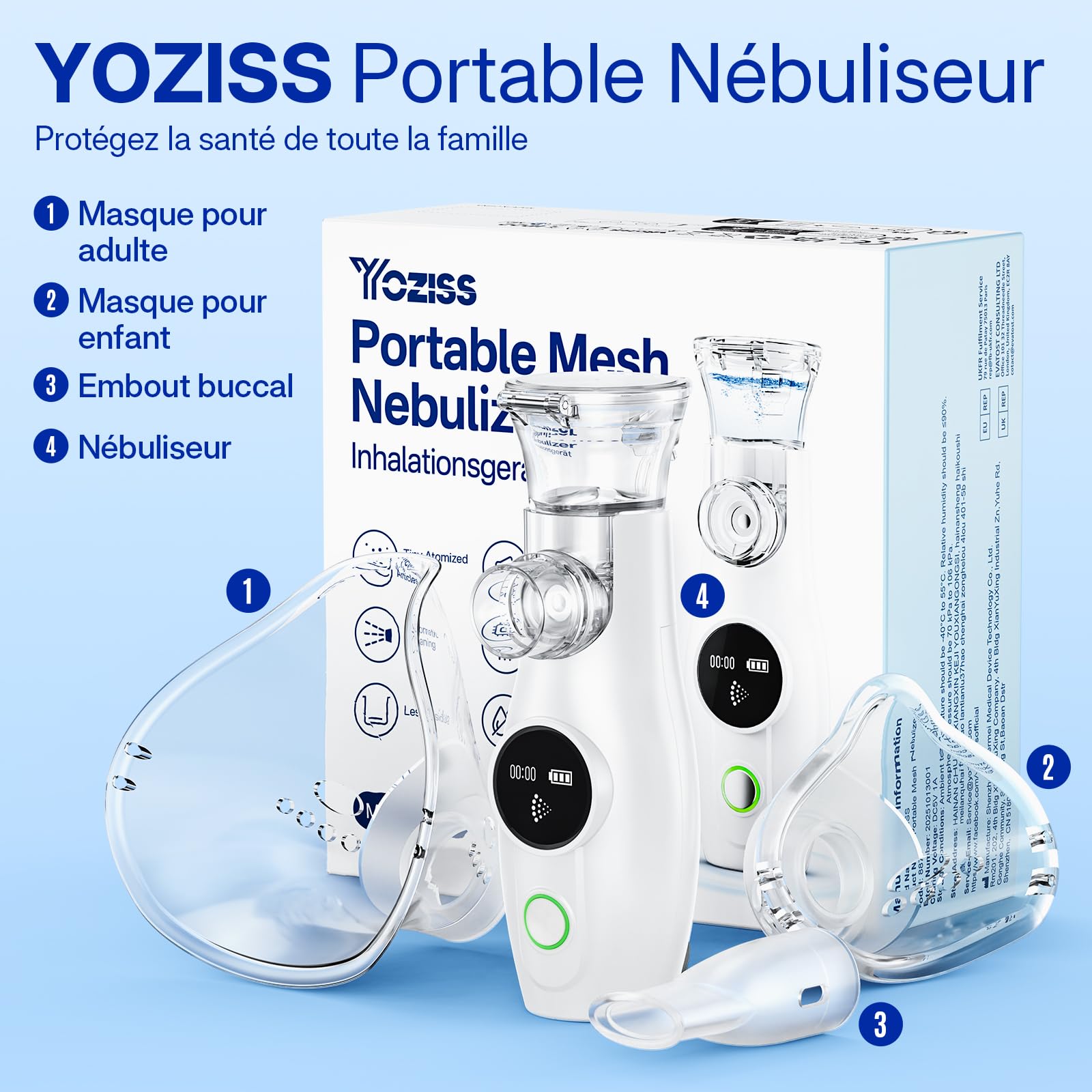 Portable Nébuliseur Pour Adulte Enfant bébé,Nébuliseur Affichage Numérique Silencieux Portable Inhalateur Electrique Aérosol Pour La Maison et Le voyage