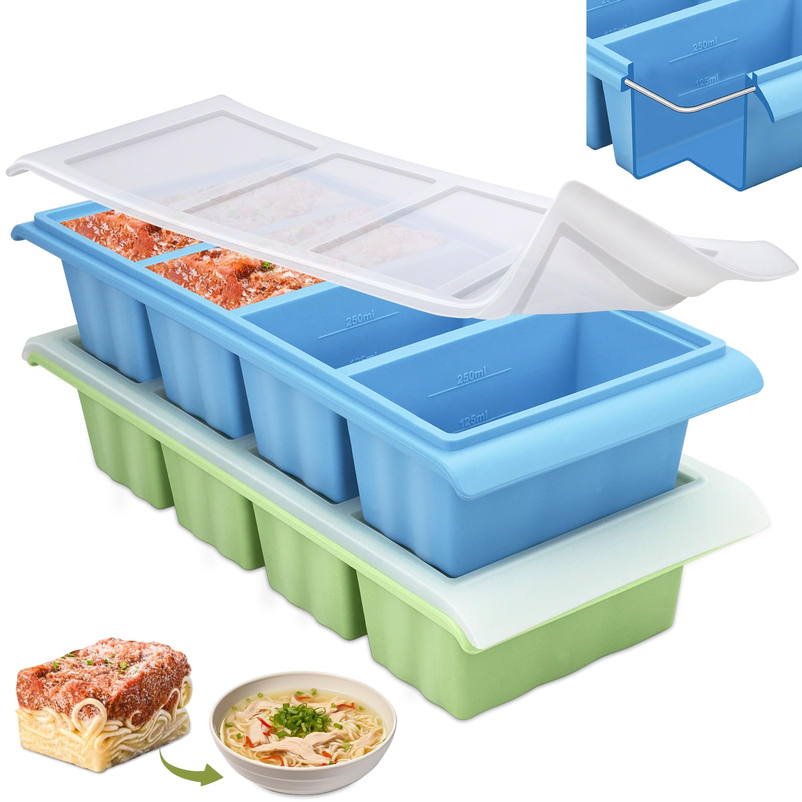 2 Pack Silicone Soup Freezer Tray, Soup Freezer Containers Mold with Lid, 4-Compartment Large Ice Cube Tray, Makes 8 1-Cup/250ml Portion Cubes Food Storage Container for Freezing Broth Leftovers Sauce