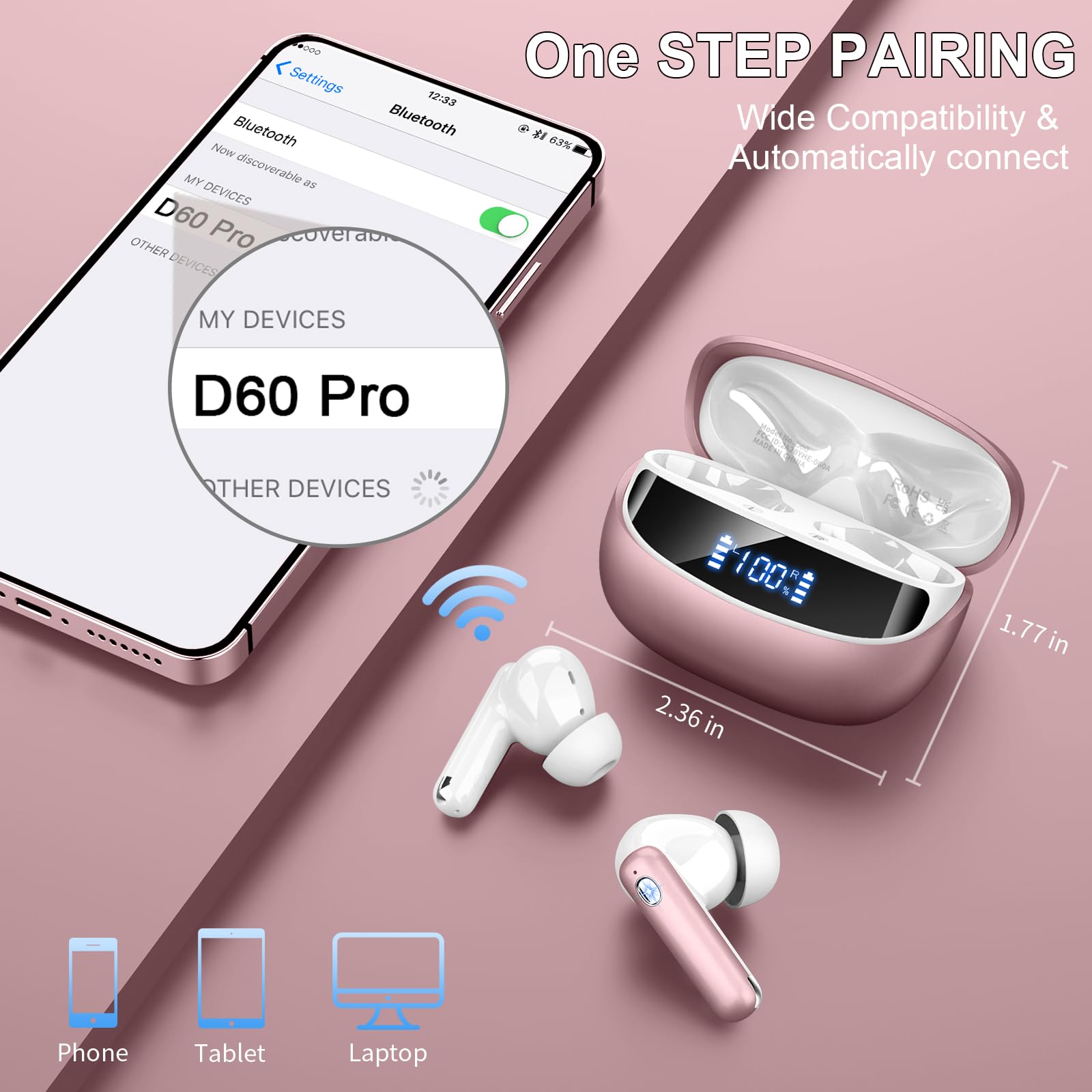 Cuffie Bluetooth, Auricolari Bluetooth 5.4 con 4 ENC Mic, 2025 Cuffiette Bluetooth In Ear Stereo HiFi, 45 Ore Cuffie Senza Fili con LED Display, Cancellazione Rumore , IP7 Impermeabili, Touch Control