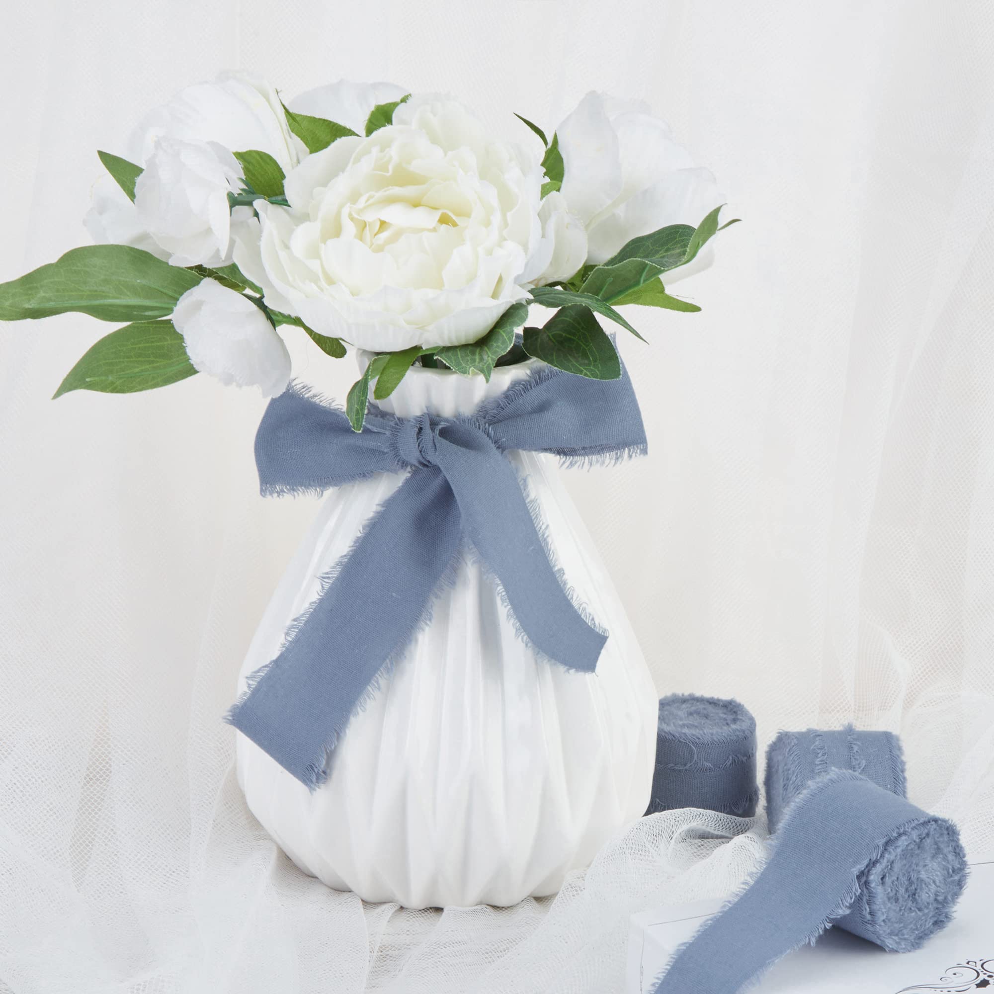 Keypan Cinta azul polvoriento para envolver regalos, cintas de flecos hechas a mano para manualidades, ramos de novia, invitaciones de boda, decoraciones de algodón, 3 rollos de 1.6 pulgadas x 5