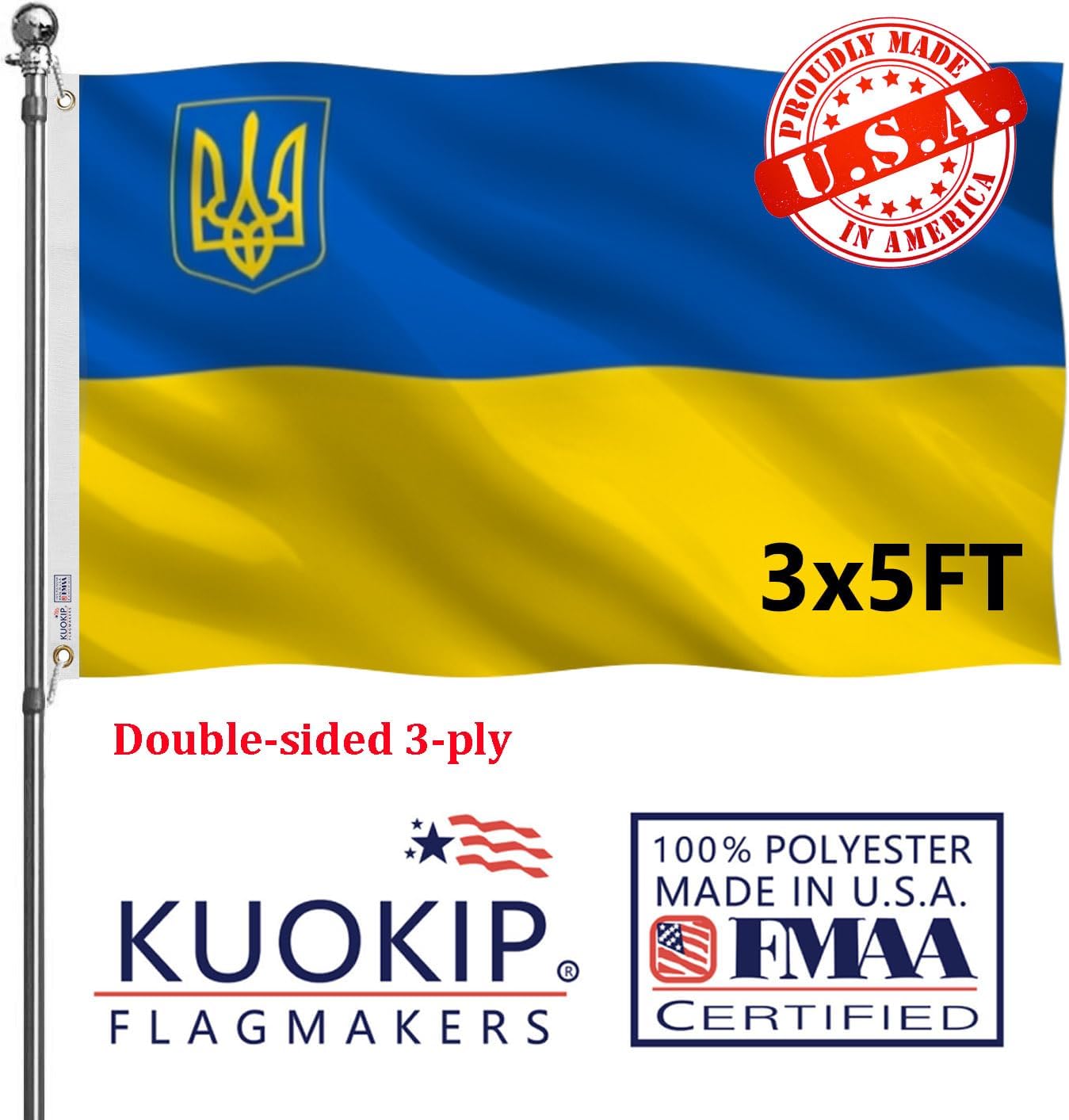 Double Sided Ukraine Trident Flag 4x6 Made in USA Outdoor Heavy Duty 3 Ply Polyester Ukrainian UKR Flag with White Starting Tape and 2 Brass Grommets