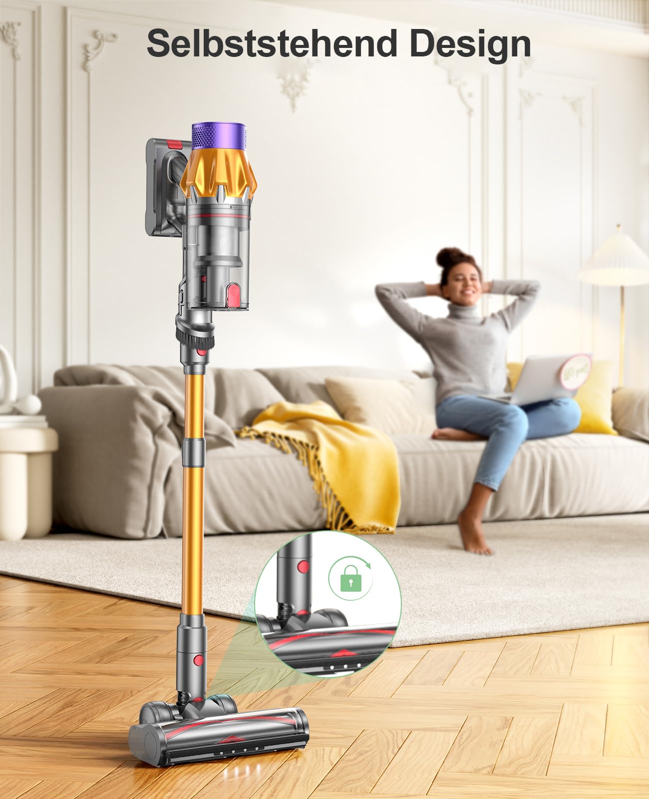 SunSare Akku Staubsauger Kabellos 600W/50000Pa/65Min, Akkustaubsauger mit 1M Schlauch, Wandladehalterung, Aromafunktion, Selbststehend, für Hartböden Teppiche Tierhaare