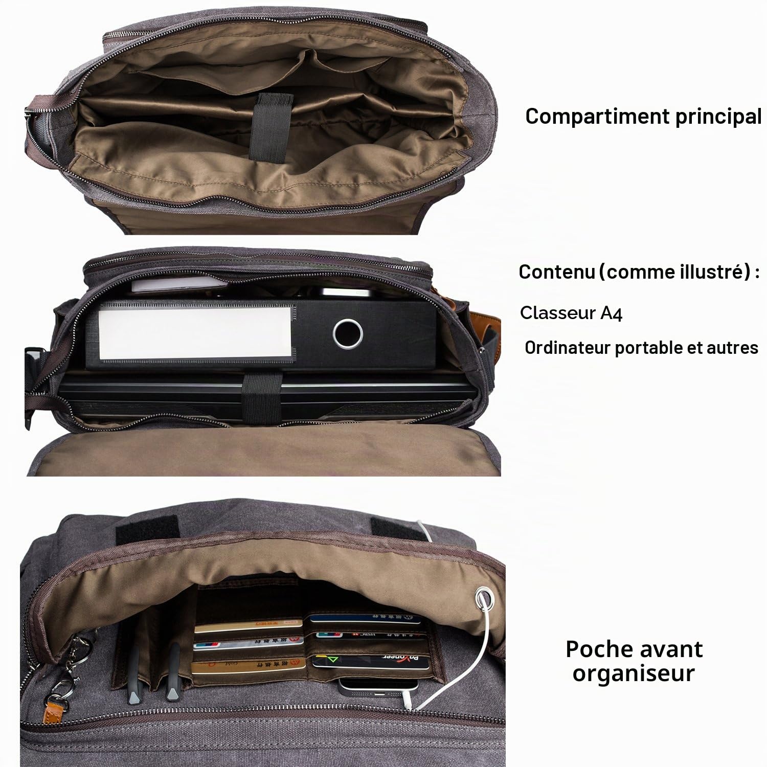 ESTARER Sac à bandoulière en toile pour ordinateur portable - Pour le travail - Gris uni