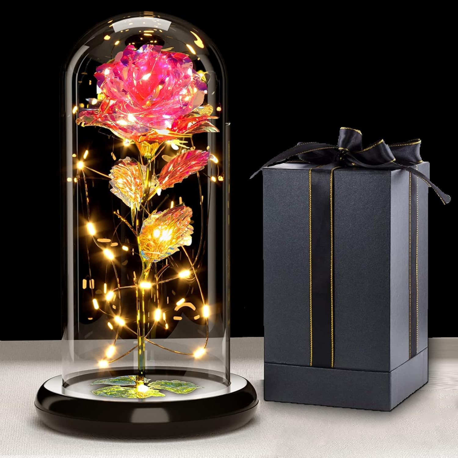 Pretocter Galaxy Rose for Her Beauty and The Beast Rose Flowers with Gift Box Glass Light Up Forever Rose Flower Lamp Gifts Artificial Silk Rose LED Lights Valentine's Day Rose Gifts for Women-Pink