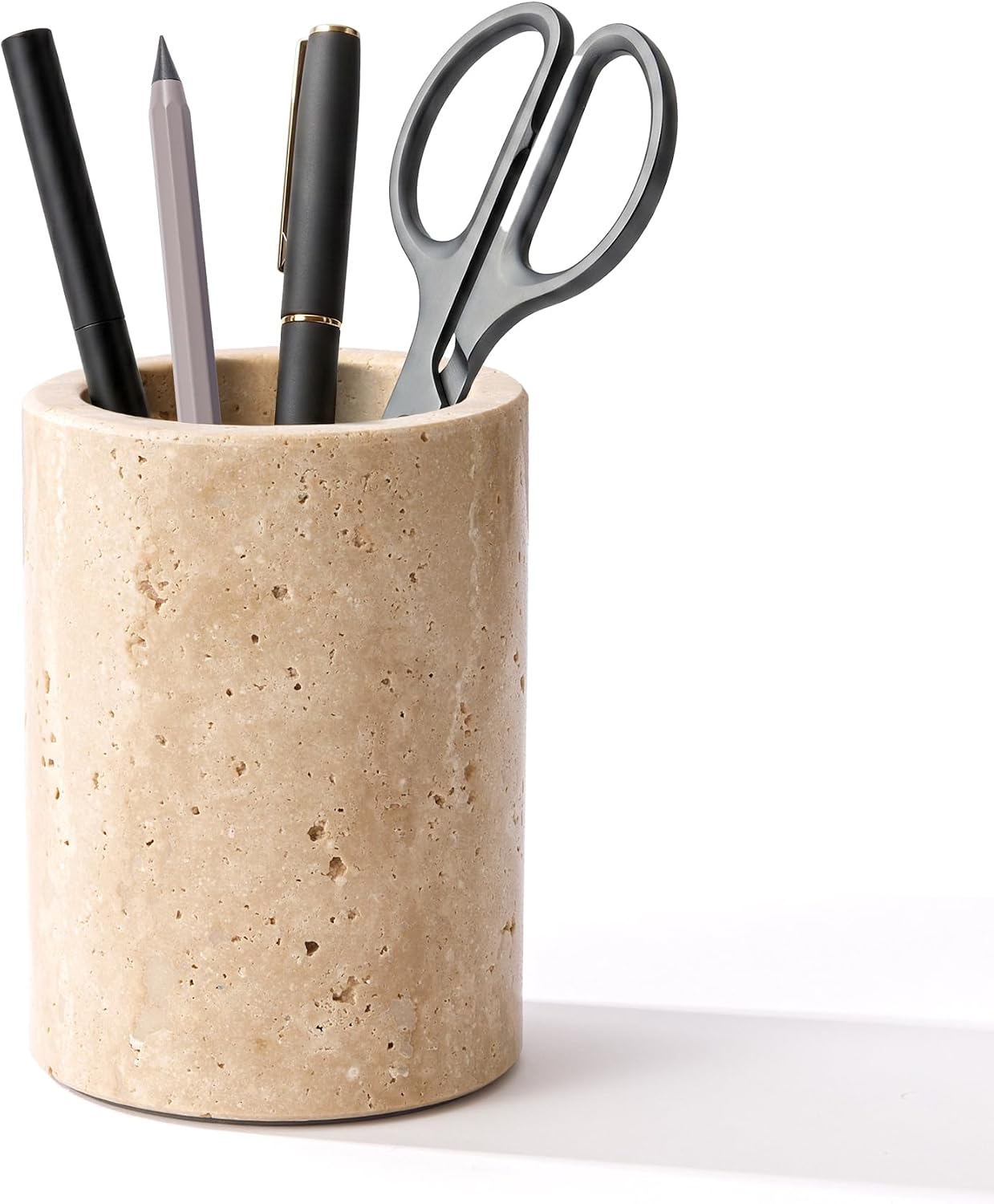 Travertine Stone Pen Holder for Desk, Handcrafted Volakas Sturdy Desk Organizer for Office Supplies Storage Desktop Stationary Makeup Brushes Cup Pencil Holders for Home Beige (WH101)