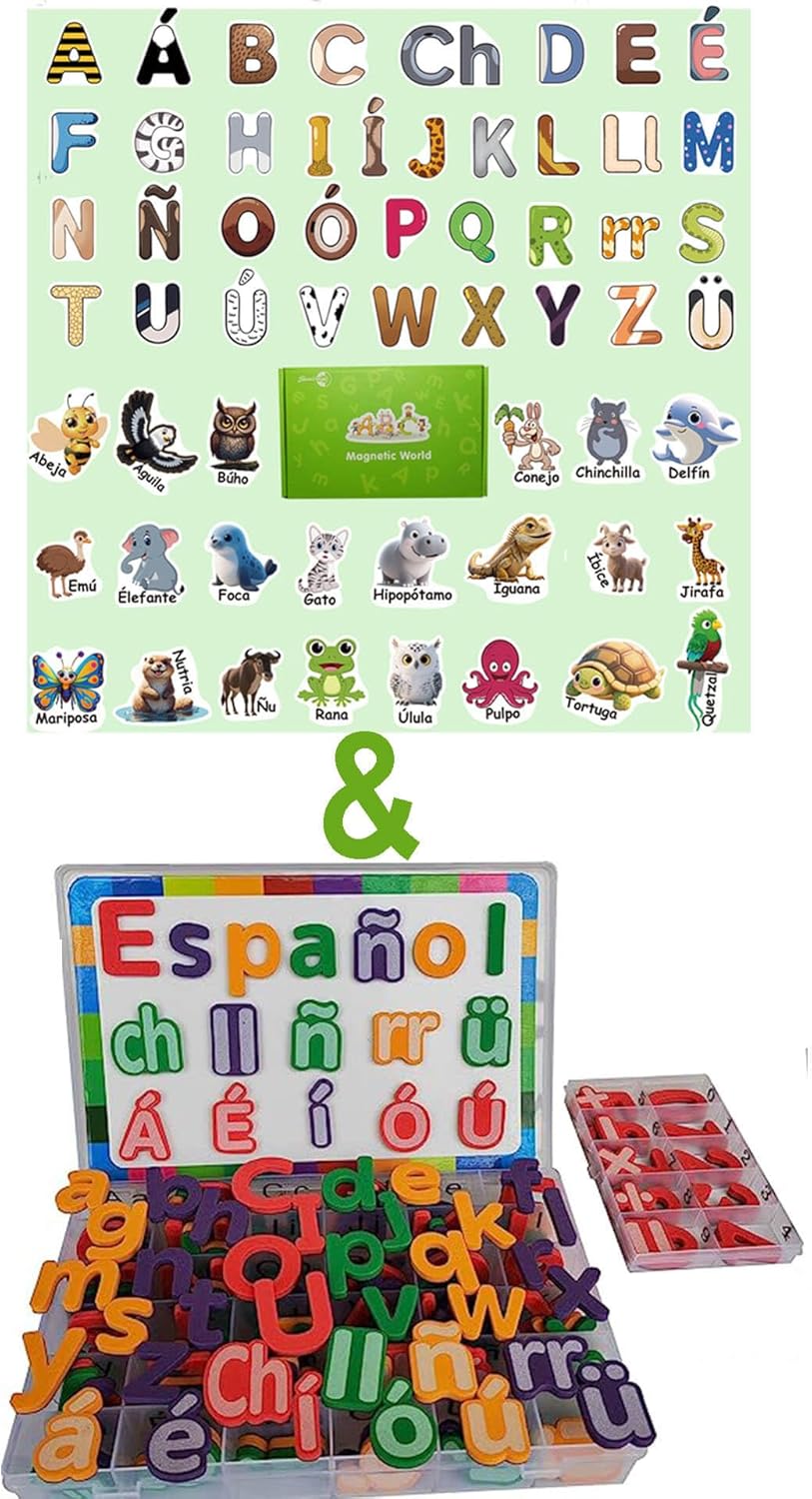 Spanish Magnetic Letters and Animals, Fridge Magnets for Toddlers, Animales y Abecedario para Niños en Español