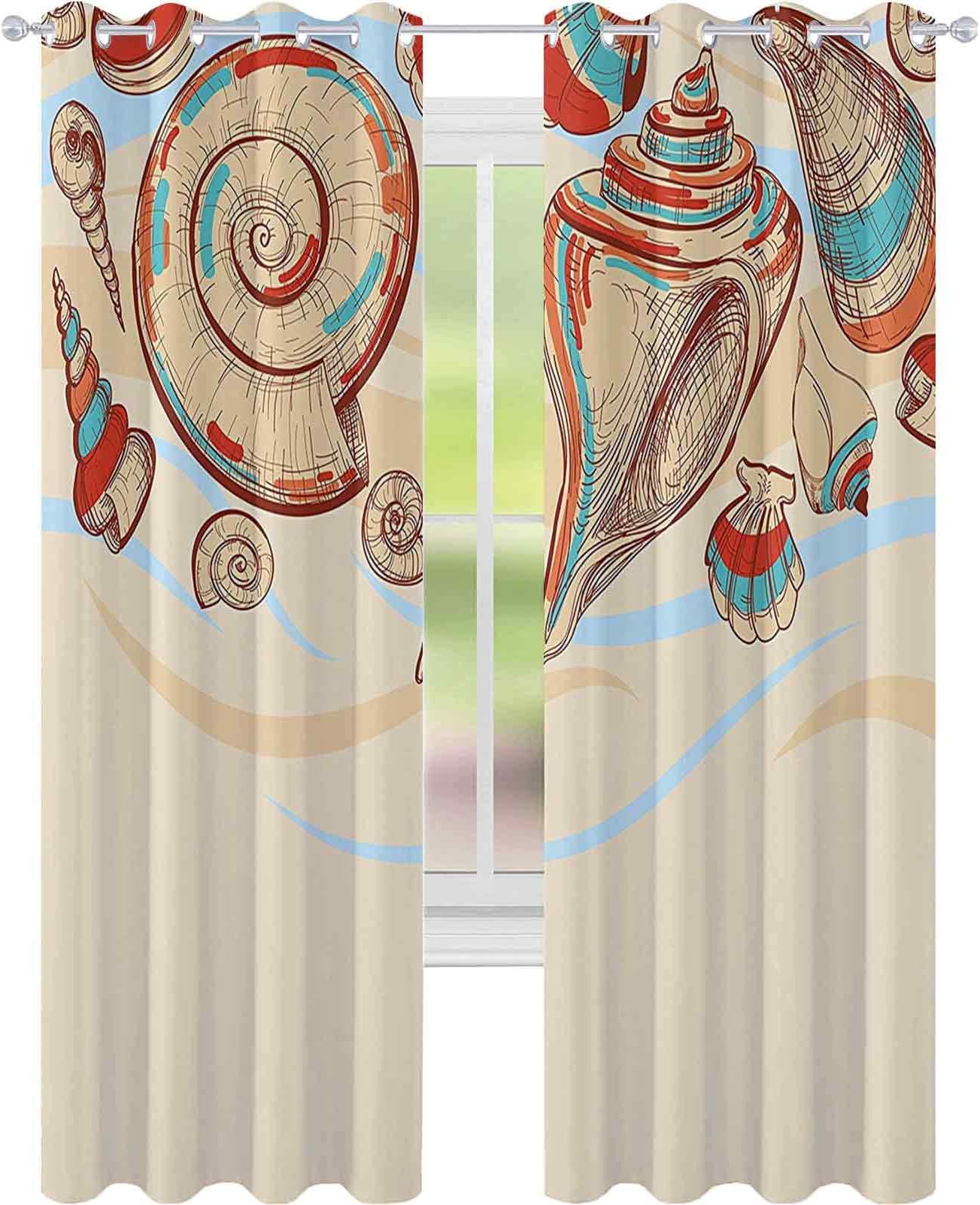 Printed Blackout Curtains, Pastel Colored Macro Seashells Picked From Beach Drifts Coral Marine Mollusk Theme, W52 x L84 Grommet Blackout Drapes for Living Room, Cream Orange Blue