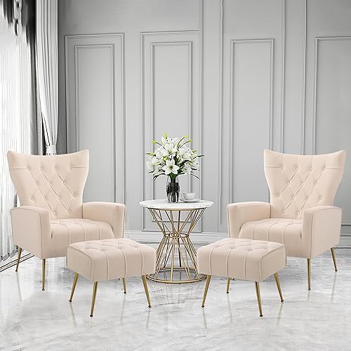 Miniatura 19 de Silla decorativa de terciopelo con otomana, silla tapizada con respaldo de ala, sillas decorativas modernas con patas de metal dorado para Otomana