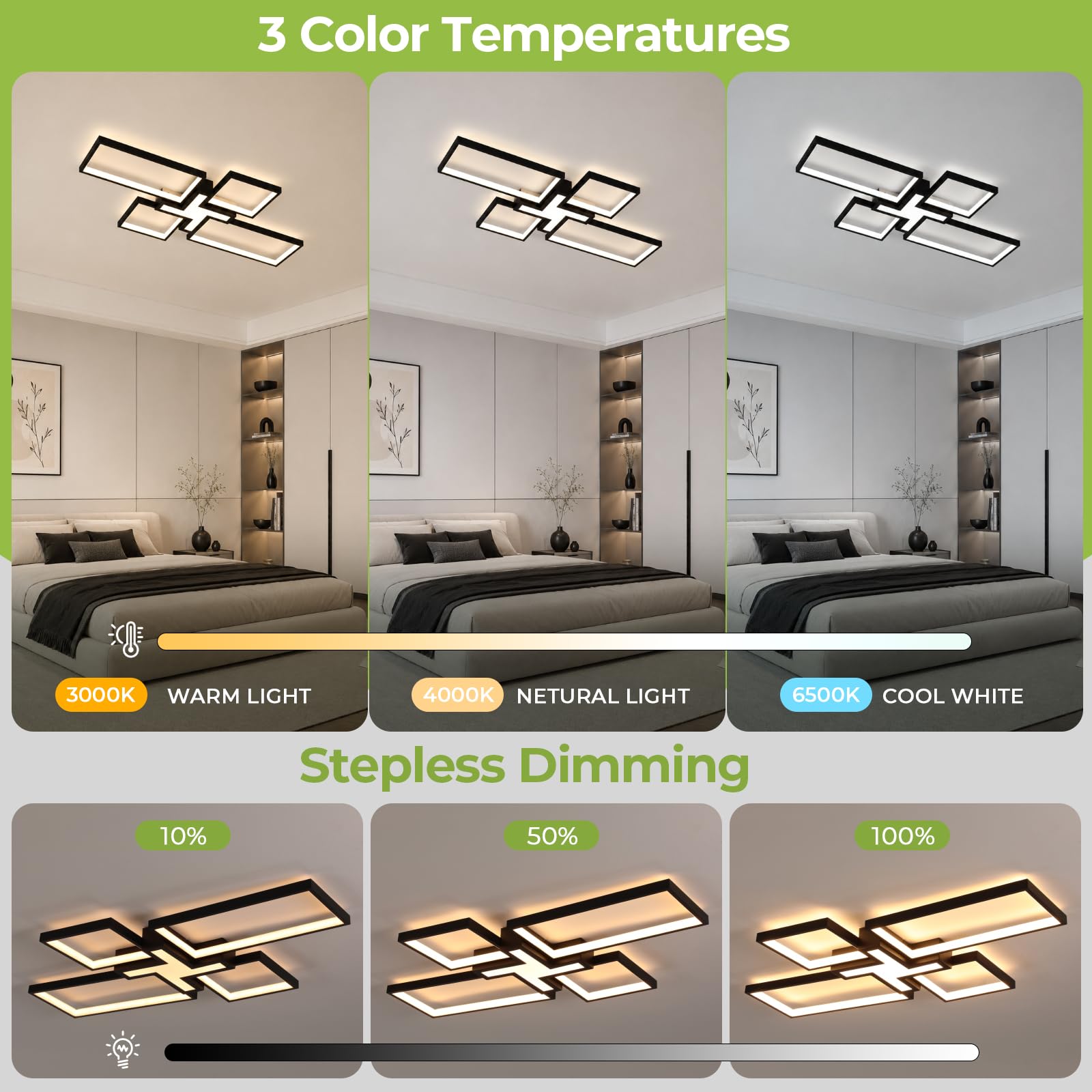 OTREN Lampa sufitowa LED z pilotem zdalnego sterowania, 82 cm 60 W, 3000 K–6500K, lampka nocna, timer, funkcja pamięci, nowoczesna lampa do salonu, sypialni, kuchni, czarna