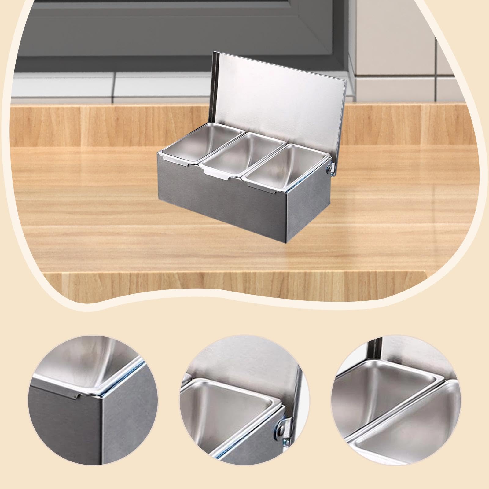 Dispensador de Especias de Acero Inoxidable, Recipiente de Almacenamiento, Bandeja para Especias, Contenedor de Especias, Estación de Aderezos, Organi, 3 cuadrículas, Individual