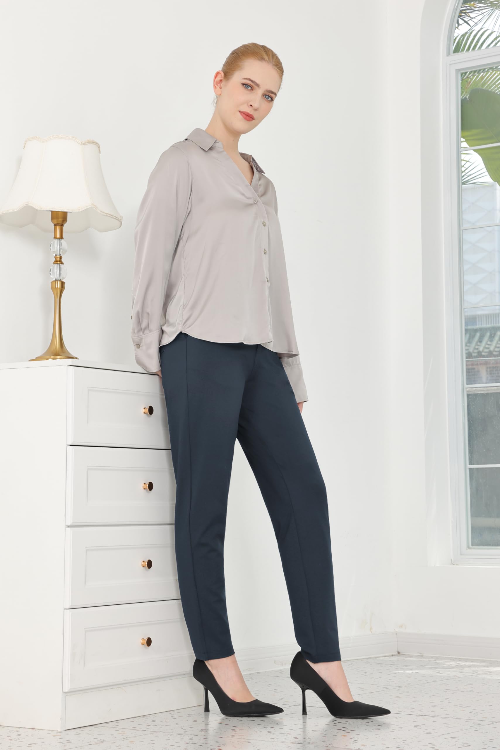 Bamans Pantalones de vestir para mujer, pantalones de trabajo, oficina, negocios, casual, elásticos, de cintura alta, con bolsillos