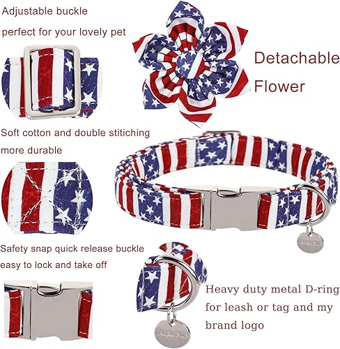 Miniatura 3 de Collar para perro con flor, cómodo collar de algodón para perro del 4 de julio, collar de bandera estadounidense para cachorros, hembra, perro o