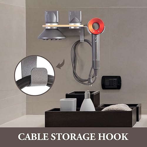 Miniatura 5 de MyGift Soporte de almacenamiento para secador de pelo Dyson Supersónico de madera de haya maciza montado en la pared con gancho de acero inoxidable