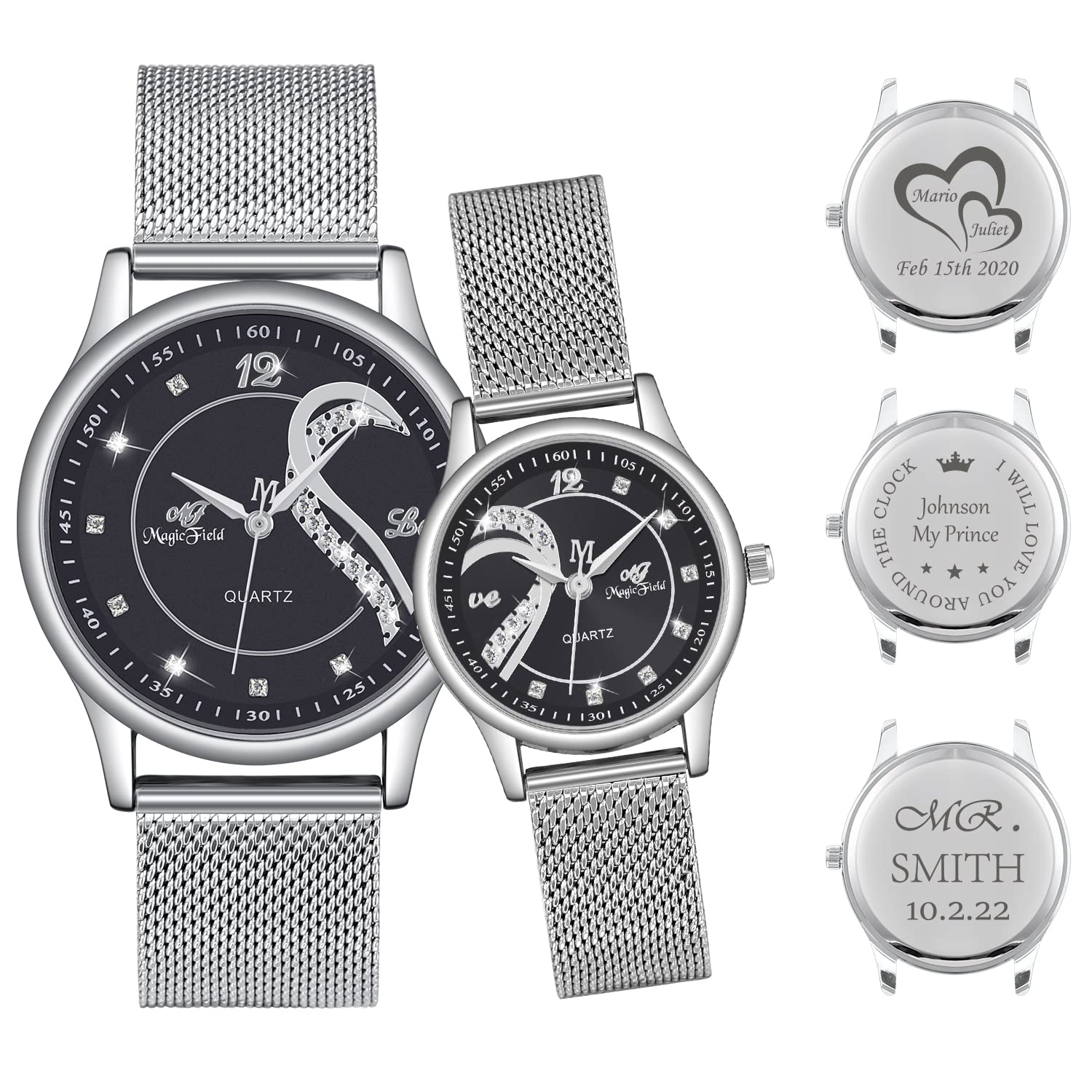 ManChDaCouples Watches Romantic Love Heart Dial Quartz Stainless Steel Wrist Watches with Rose Gift Box His and Hers Gift for Lover, Wedding, Birthday, Anniversary (6.Black Dial(Silver Band) Customizable)