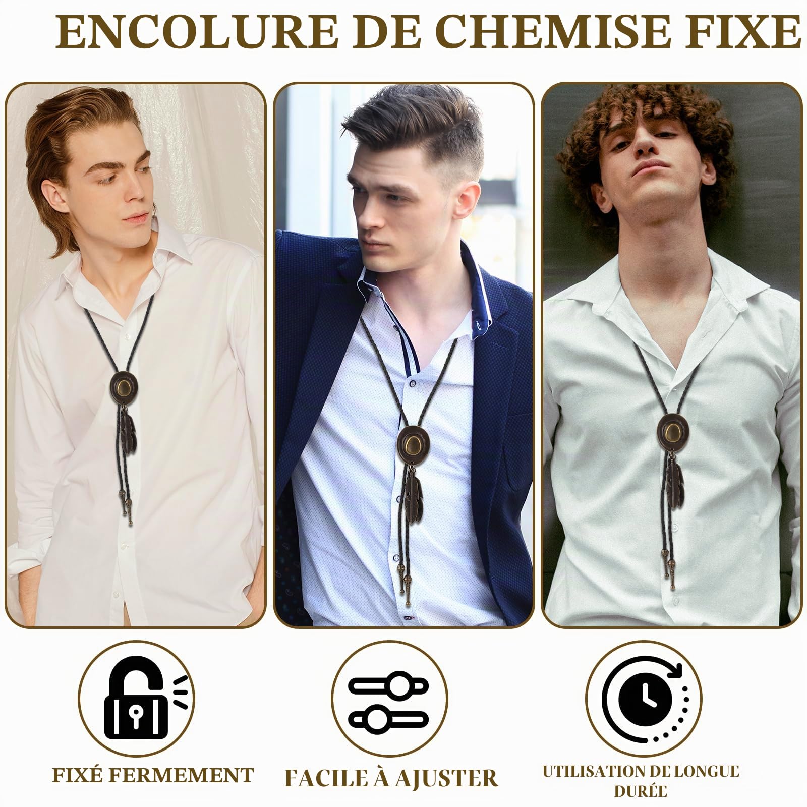 Lot de 2 cravates bolo, style western cowboy et cowgirl, en cuir vintage, fait main, avec pendentif en plumes, pour homme et femme