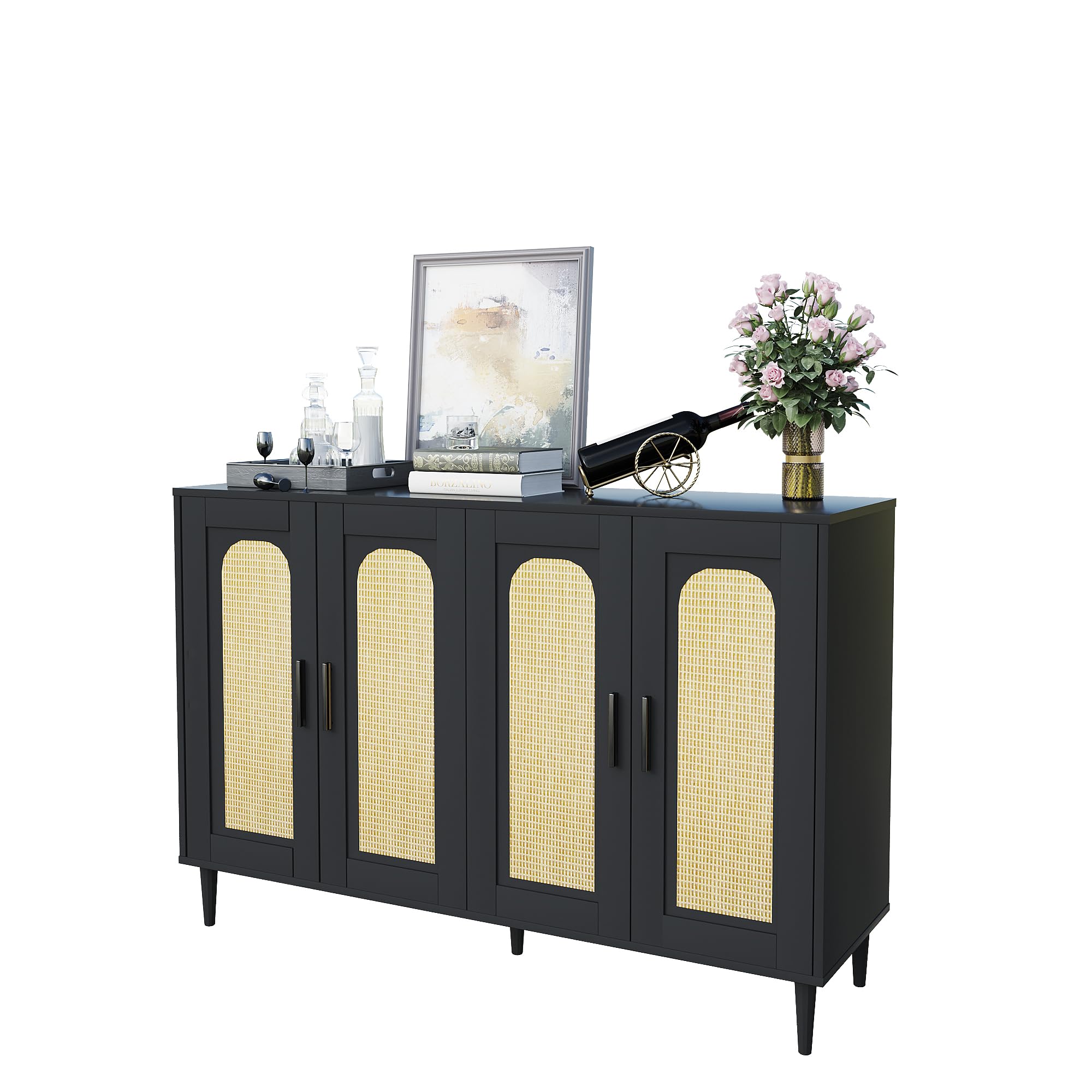 Sideboard Buffet Cabinet - Rattan Cabinet Kitchen Storage Cabinet with 4 Doors and Adjustable Shelves - Accent Buffet Cabinet with Storage, Console Table for Dining Room Hallway, Living Room, Black