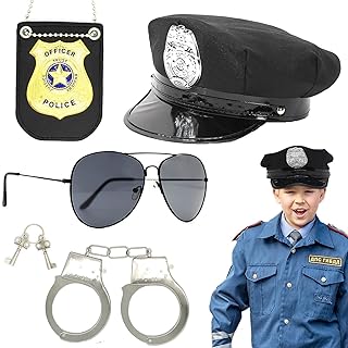 4 Pcs Cool Police Costume Police Pretend Play Toy Set Police Toys For Kids Police Officer Costume Detective Role Play Accessory Police Hat Handcuffs Badge Glasses Halloween School Classroom Dress Up