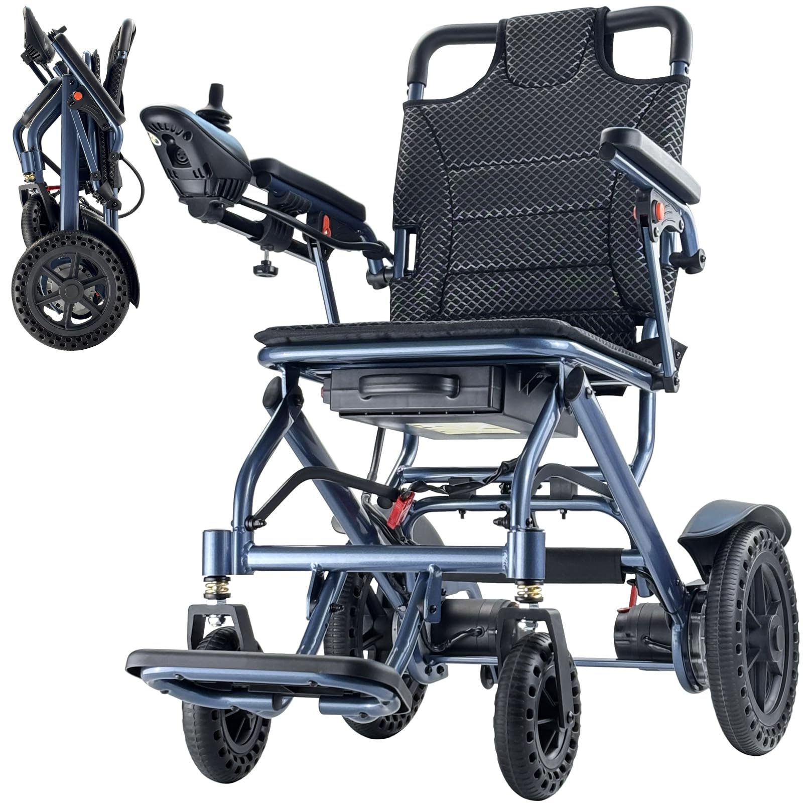 Sedia a rotelle elettrica pieghevole con 2 modalità di telecomando, sedia a rotelle elettrica portatile, per anziani, adatta per viaggi e strette, 170 kg, motore da 500 W, 10 Ah, 20 km (blu)