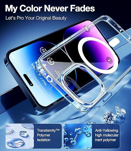 Miniatura 2 de TORRAS Funda magnética transparente para iPhone 14 Pro, compatible con MagSafe, nunca amarilla, 12 pies de grado militar a prueba de caídas, funda