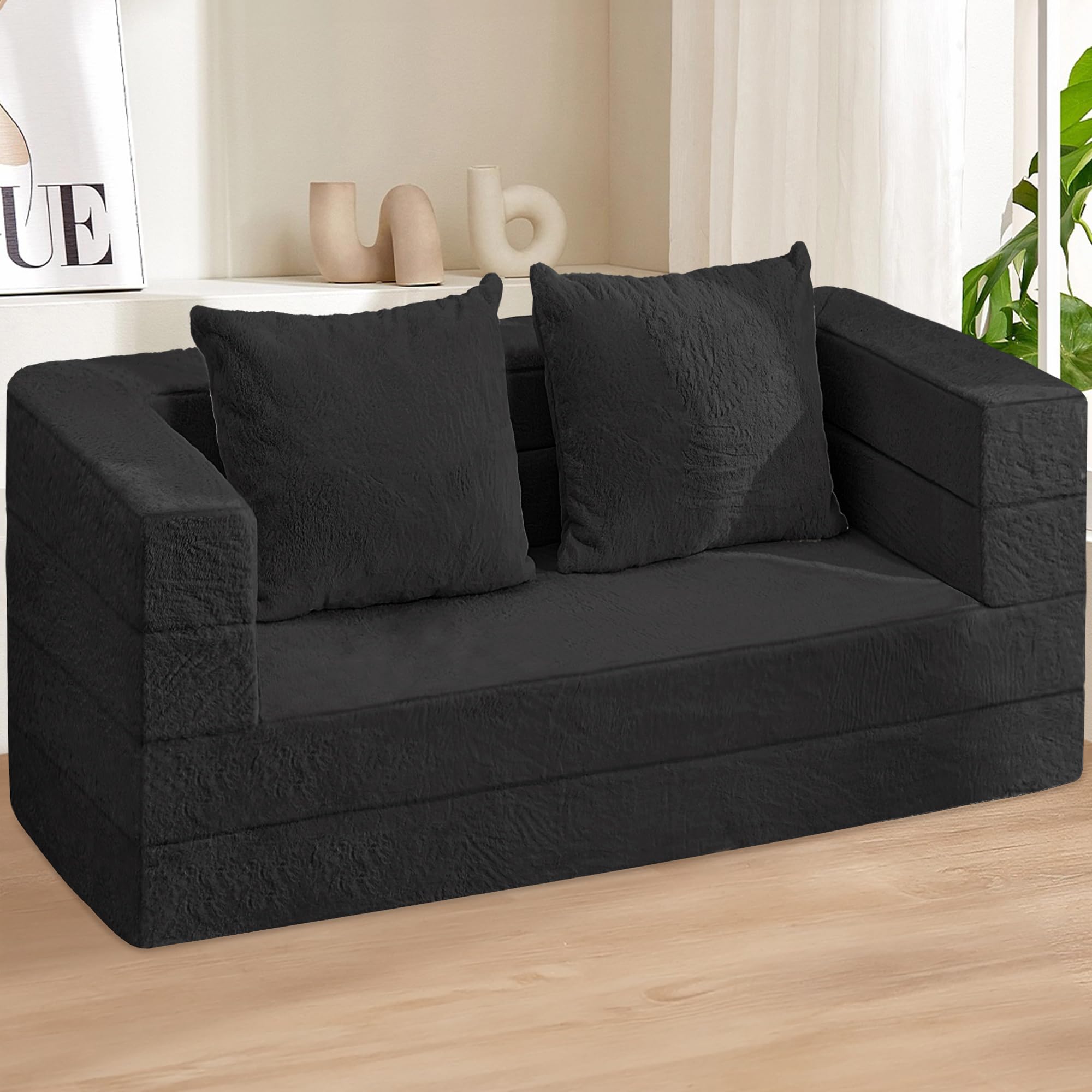 Futon Sofa Bed with Pillow, 3-in-1 Sleeper Sofa Bed with Removable Cover | Convertible Floor Sofa Bed with Memory Foam Filled, No Assembly Boneless Couch for Living Room, Bedroom（Black King）