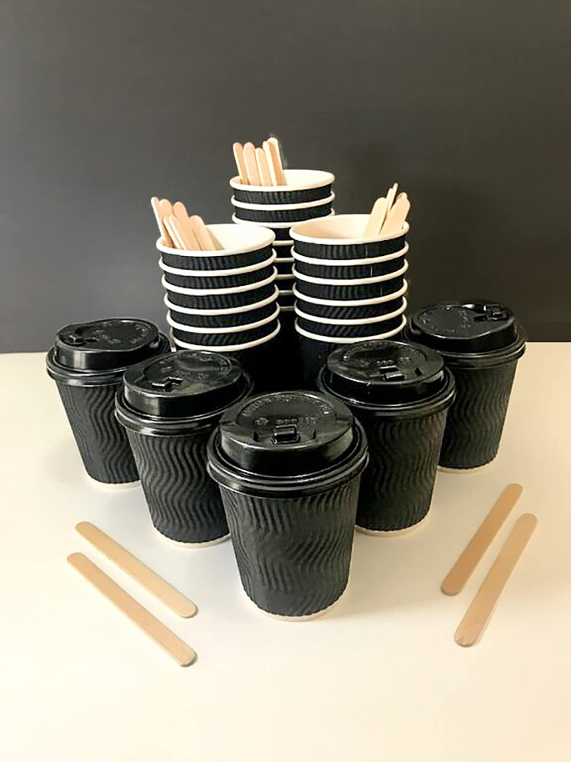 Both Pack Of 50 8 oz (237 ml) Black Ripple Disposable coffee cups with Lids and wooden stirrer sticks– Hot and cold Thick double wall insulated (Black, 8 Oz)