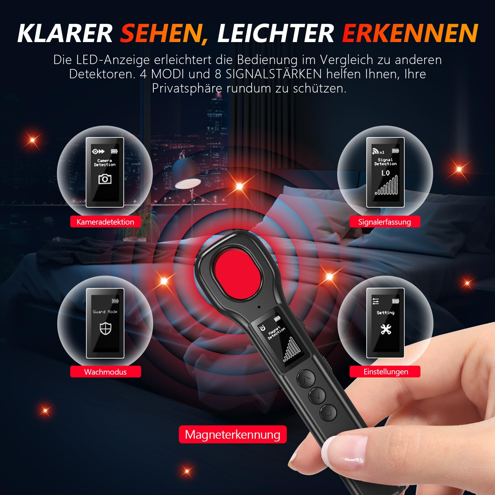 LONGYI Wanzen Detektor, Detektor zur Erkennung von Versteckte Kamera | mit HD LED Display, bis zu 10 Stunden Betriebsdauer, ideal für Hotel, Zuhause, Büro