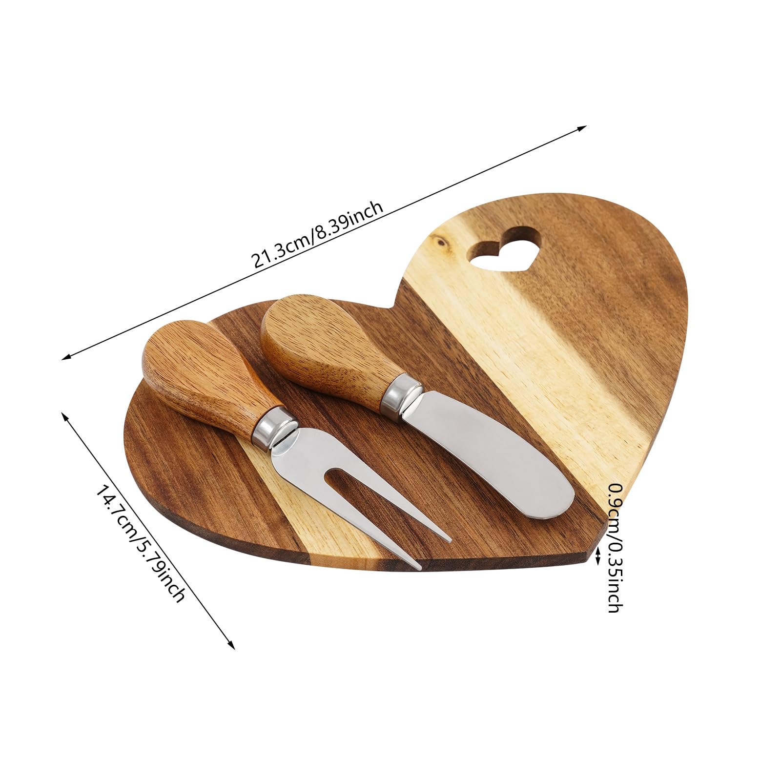 18-teiliges Käsebrett mit Käsemesser Set, Holz Käseplatte Herzform aus Akazienholz, inkl. 18 Messer & 18 Gabeln, Schneidebrett für Käse, Obst & Dessert, Geschenkbox mit Dankeskarte