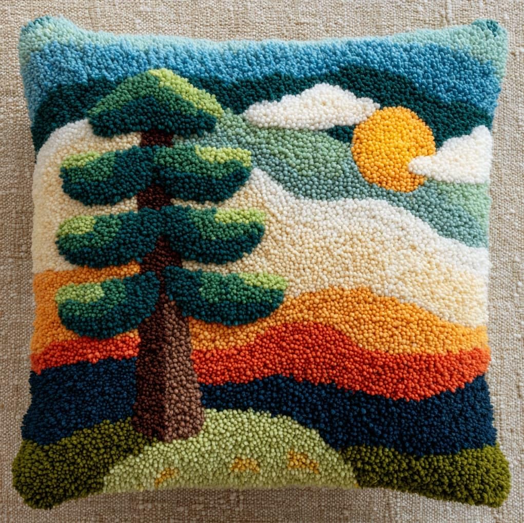 WallustrioaW Latch Hook Kits Pillow Printed Cushion,Sunset Pine Tree Landscape,Needlework DIY Hook Latch Kit Pillowcase Cover Home Sofa Christmas Decoration,17x17in