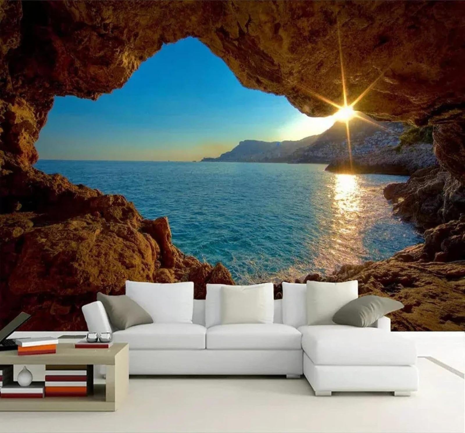 XLMING Cave Beautiful Sunrise Coast Natural Landscape 3D Wallpaper Silky Texture Home Study Office Grey Dining Room Sofa Bedroom Living Room TV Backdrop-250cm×170cm