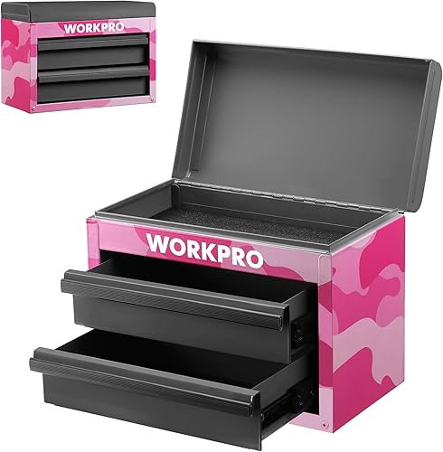 WORKPRO Mini caja de herramientas de metal, caja de herramientas superior que contiene dos cajones con deslizadores de rodamientos de bolas, forros