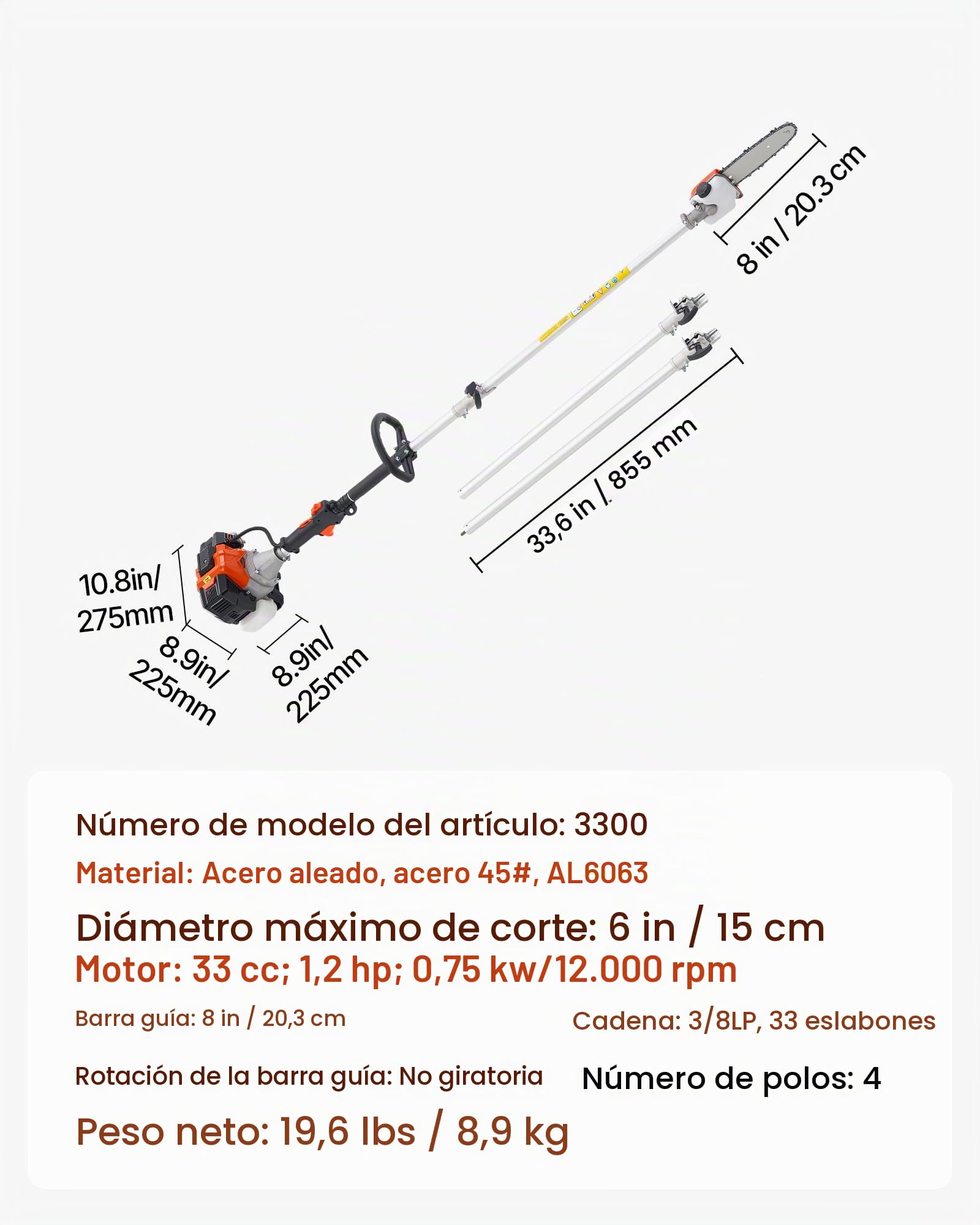 VEVOR Motosierra de Pértiga a Gasolina, Motosierra Inalámbrica de 33 cc y 2 Tiempos con Barra de Corte de 20,3 cm, Tanque de Combustible de 850 ml y Extensible de 2,04-3,54 m para Podar Árboles