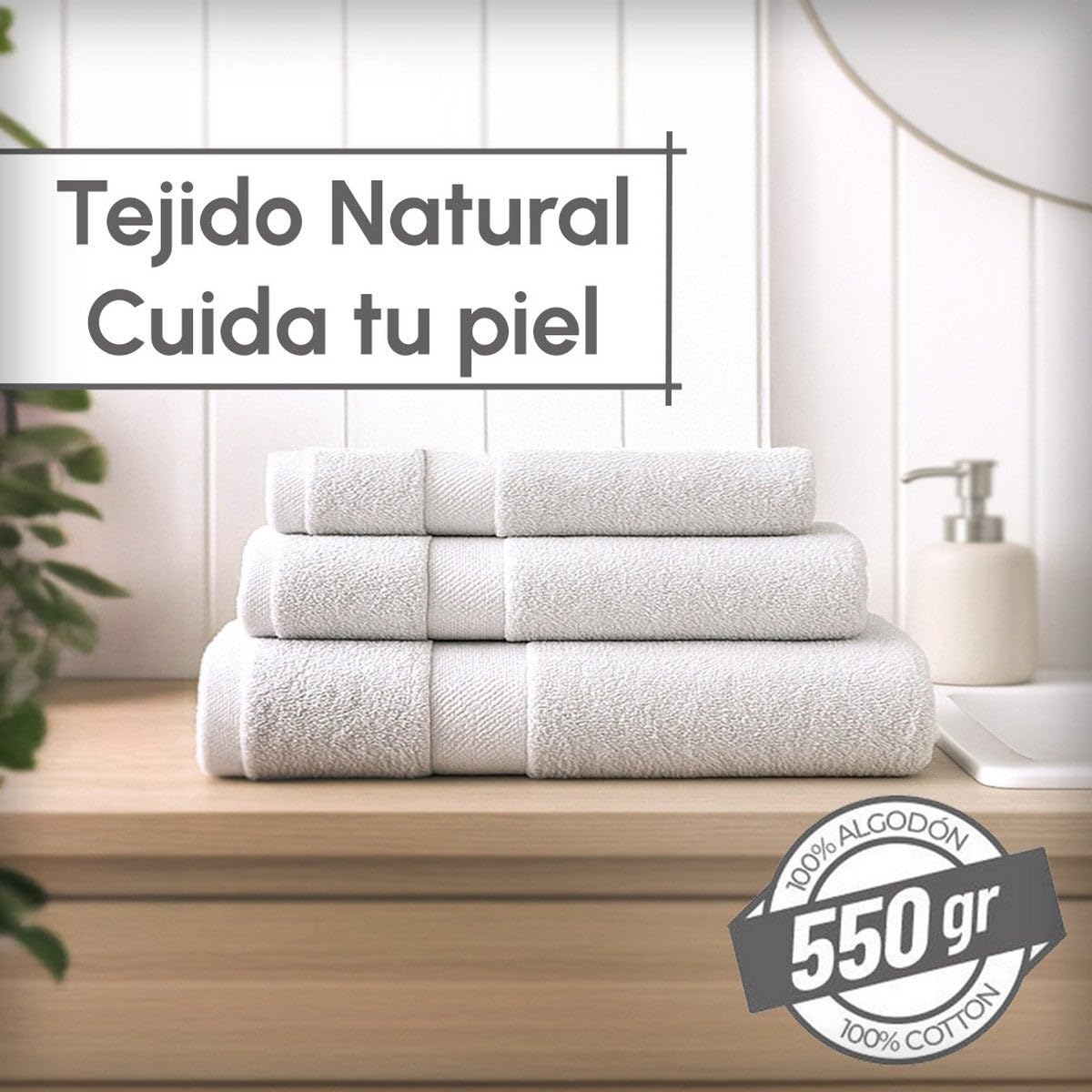 Juego de 6 Toallas Ducha Grandes Blanco Roto 100% algodón de 150x100 cm | Tejido suave de gran gramaje con alta absorción. Aptas para lavadora, de uso diario.