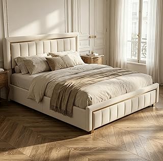 BRILVERDE Polsterbett 140x200 mit Stauraum, Hydraulisch Stauraumbett, Doppelbett mit kopfteil, Bettgestell mit Lattenrost, Bettrahmen für Erwachsene, Samt (Beige, 140 x 200 cm)