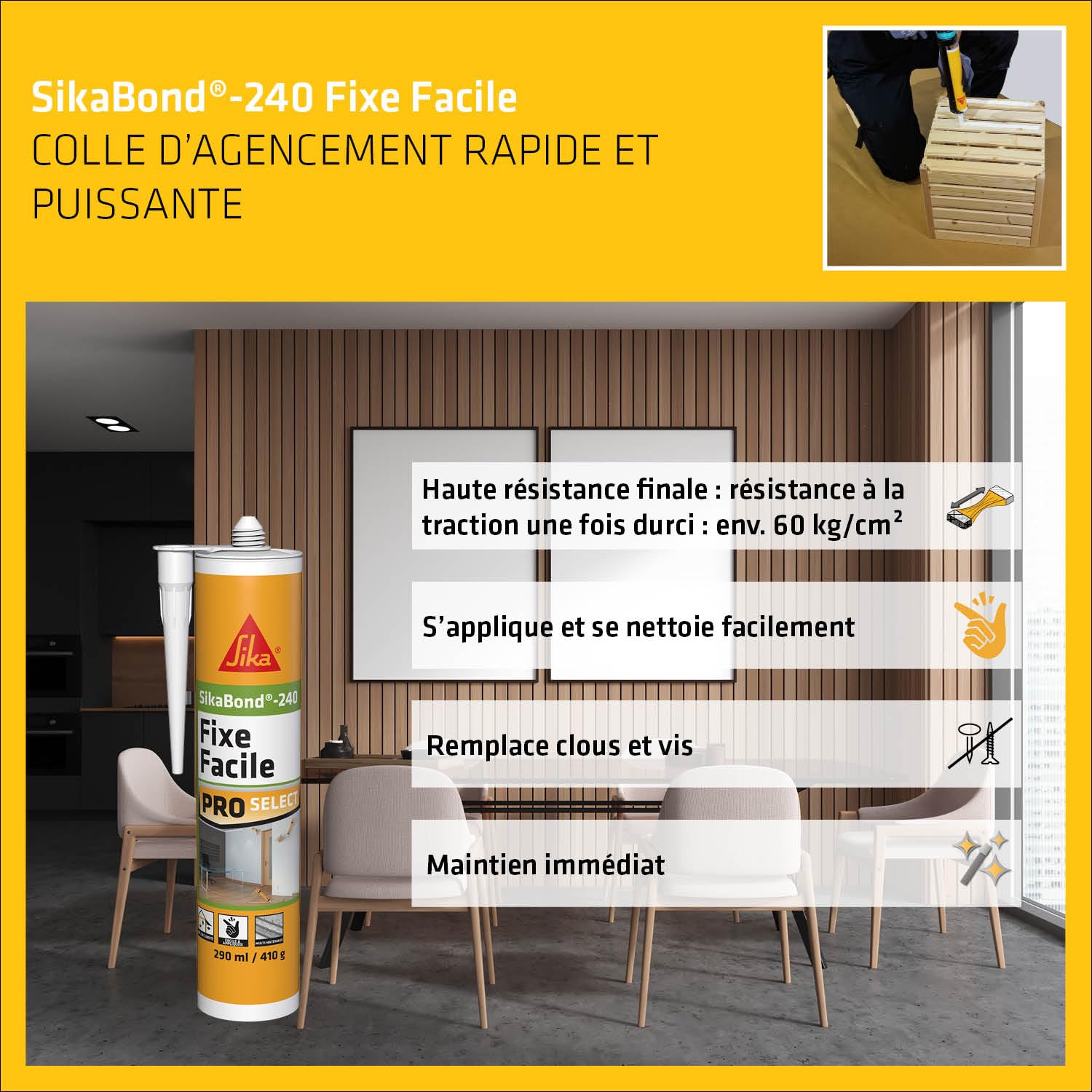 SIKA - Colle acrylique d’agencement, SikaBond-240 Fixe Facile, 12x290ml