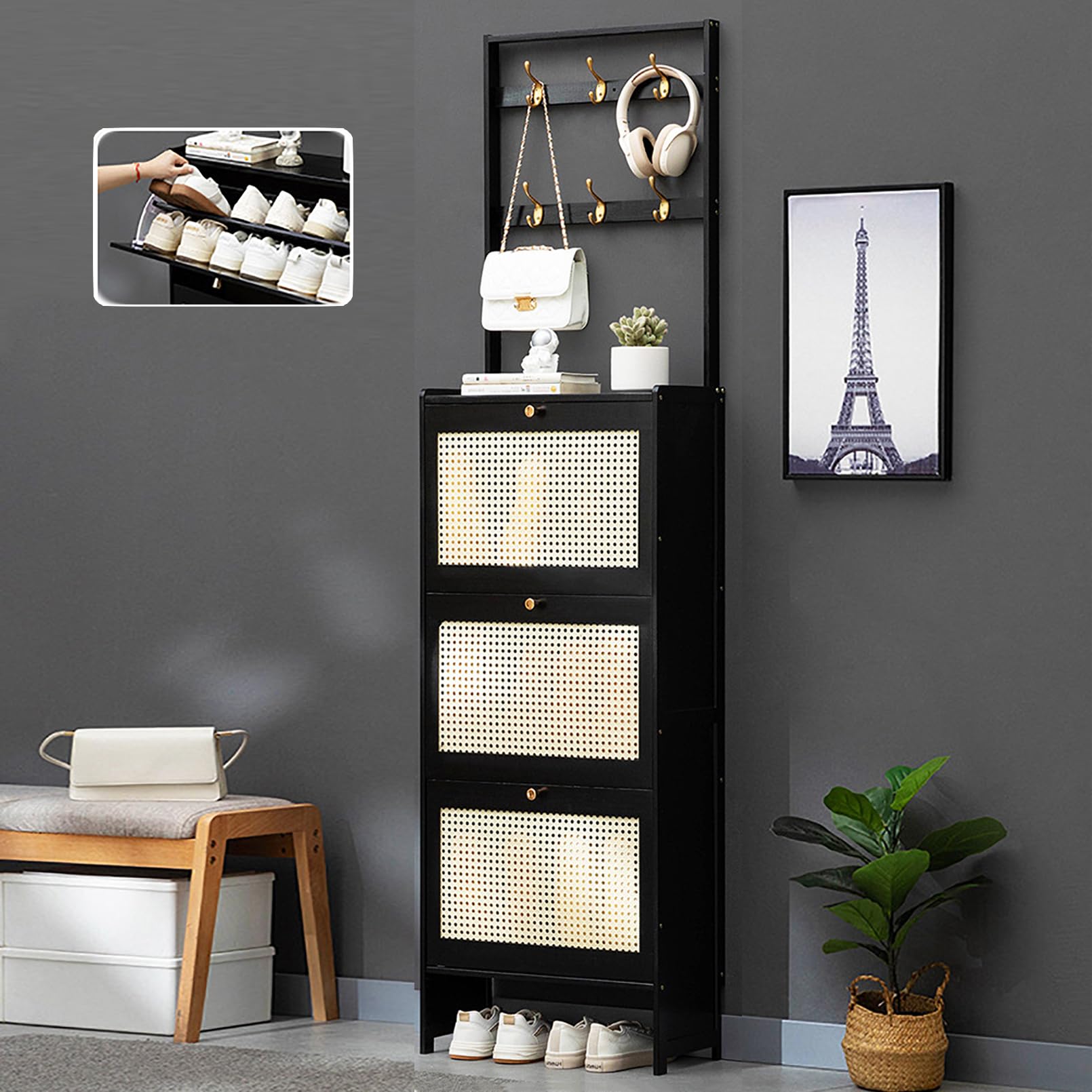 Meuble à chaussures bambou noir et rotin rangement d'entrée