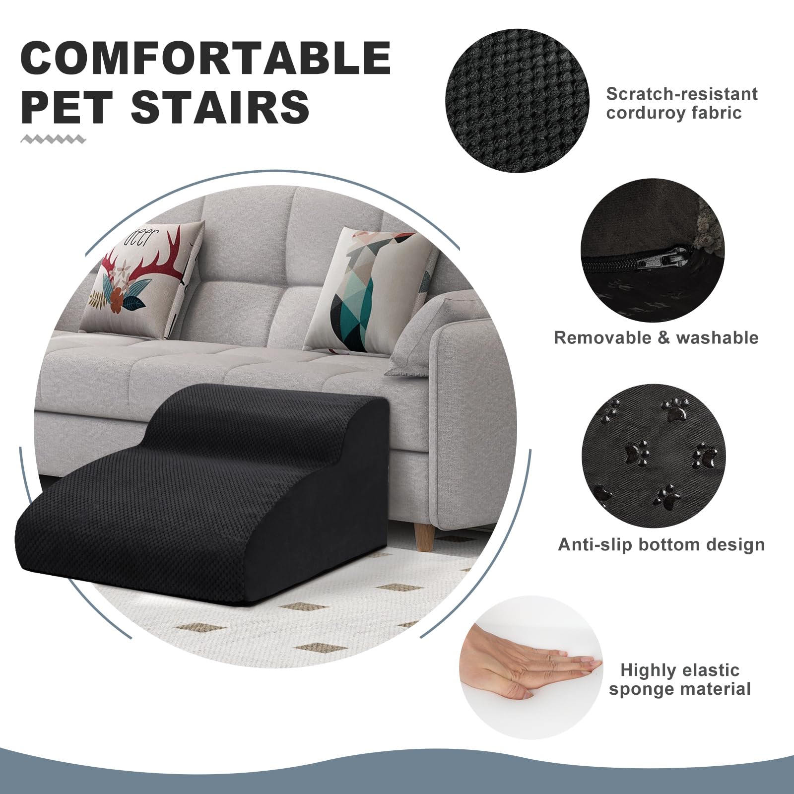 Scaletta per Cani 2 Gradini, Rampa Antiscivolo Con Copertura Rimovibile per Animali Domestici, Scala per Gatti per Divano e Letto, Regala Rullo Togli Peli Animali, Nero