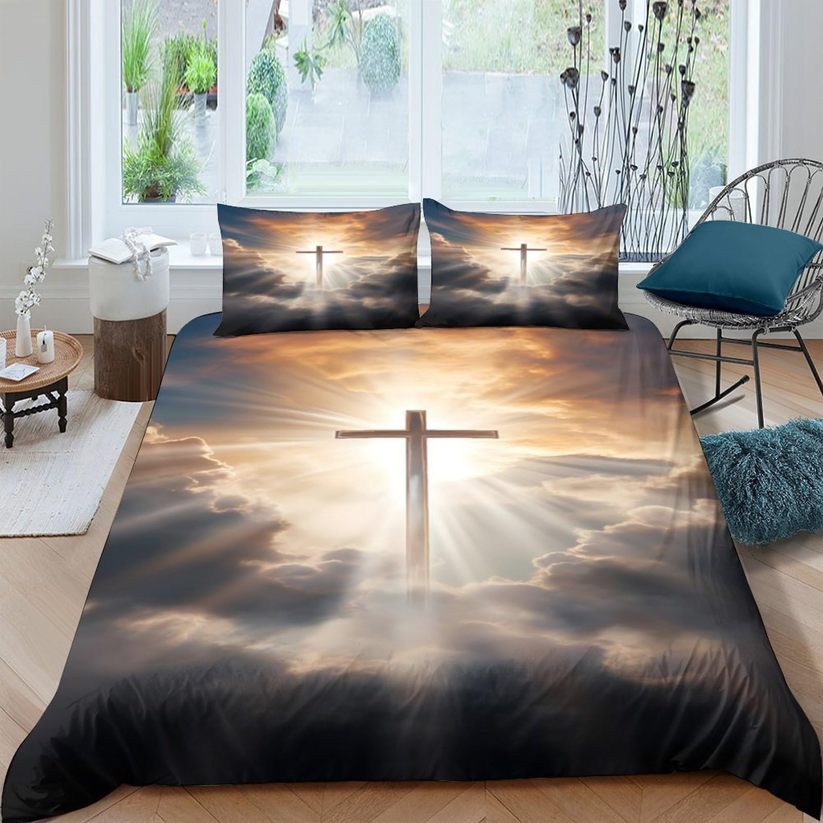 Ctjqhvkz Style-7 3D Printed Sunrise Cross Fitted Sheet Microfiber Soft Breathable Sunset Clouds Mattress Cover For Bedroom Dorm Decor Single（135X200cm）