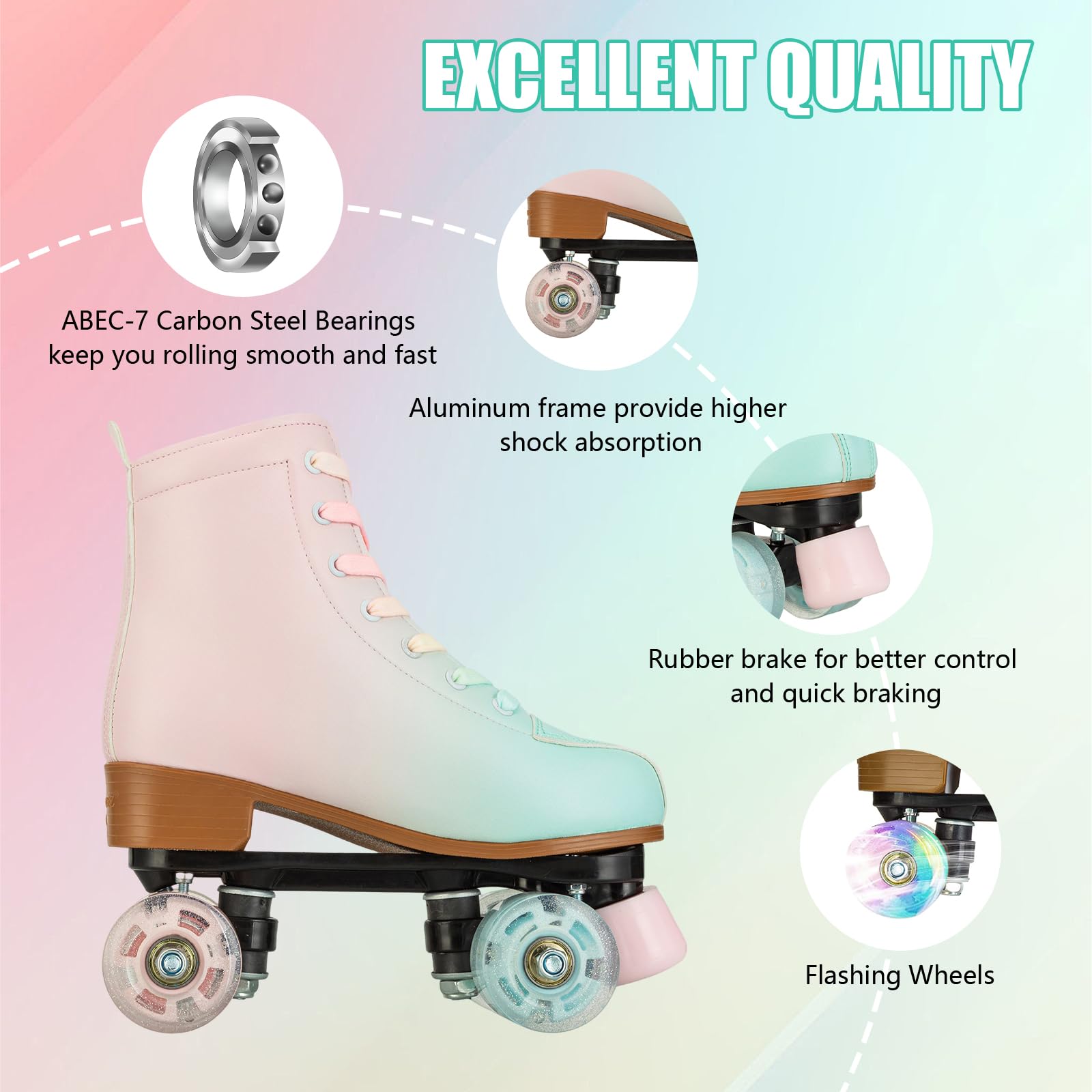 Gets Patins à roulettes pour femme - En cuir synthétique - Quatre roues - Double rangée brillante - Pour intérieur et extérieur