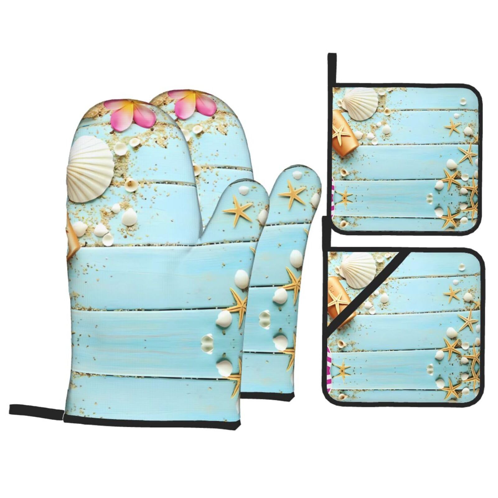 WHJSHOP Beach Theme Seashells Prints Oven Mitts & Pot Holders Set - Waterproof Kitchen Layers & Heat Resistant - Durable Covers for Safe Cooking & Easy Cleanup