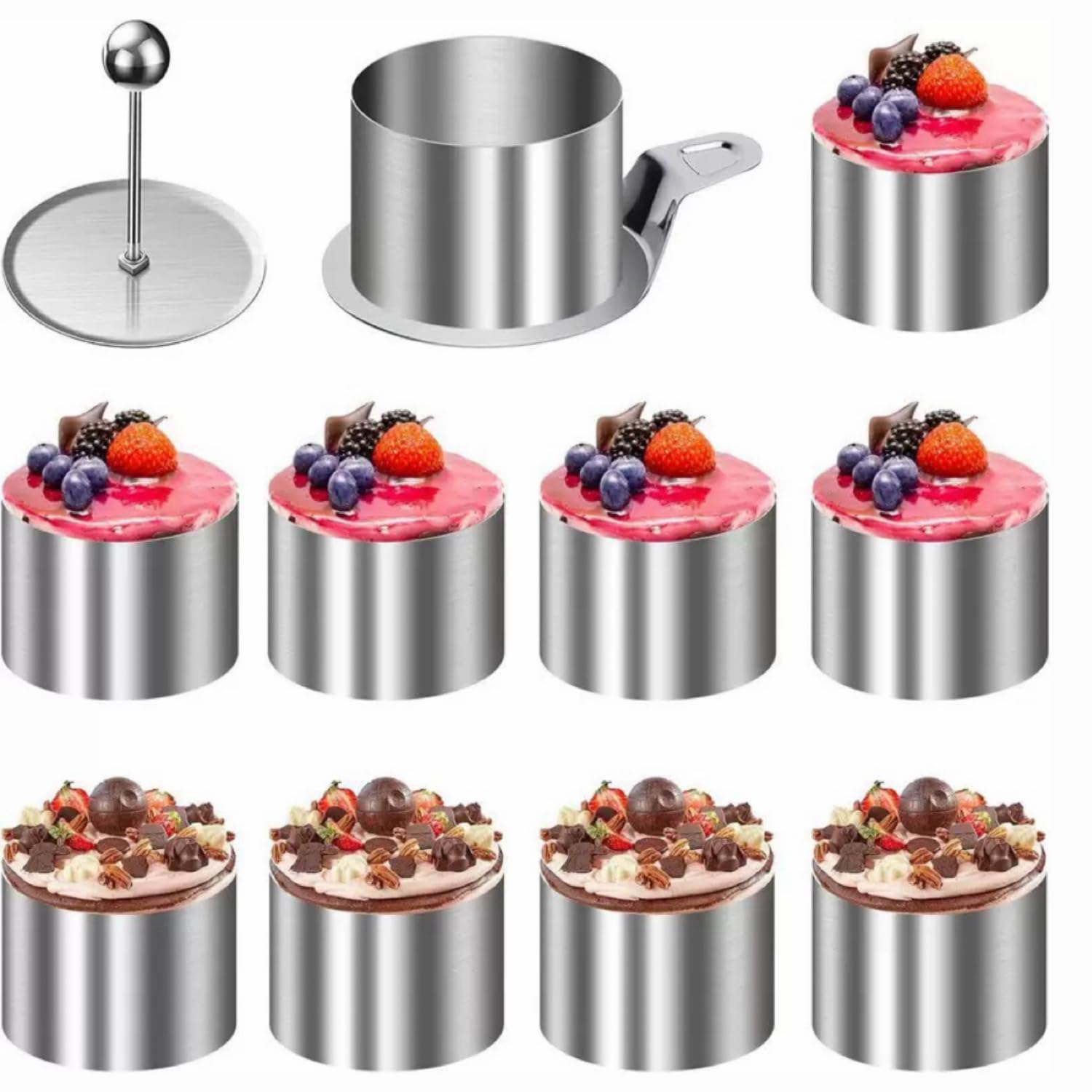 12 Pcs Stainless Steel Cake Rings Set with Pusher & Lifter, 8cm Mousse Molds for Desserts, Cheesecakes & Pastries, Seamless Welding, Oven/Dishwasher Safe Baking Tools for Home Bakers