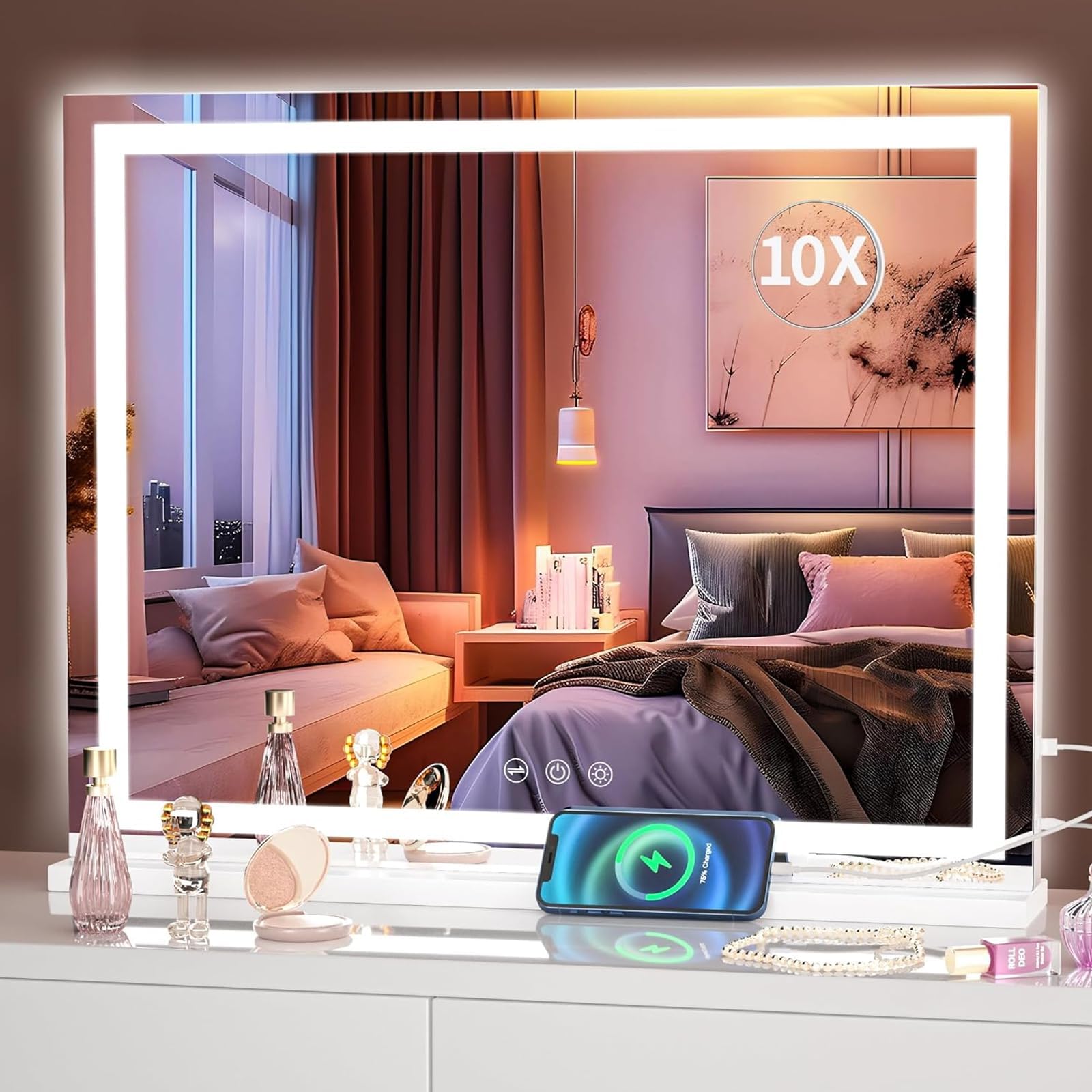 Hasipu Vanity Mirror with Lights, 58 x 46cm LED Makeup Mirror, Lighted Make up Mirrors with Dimmable 3 Modes, Touch Screen Control Vanity Mirrors Square White