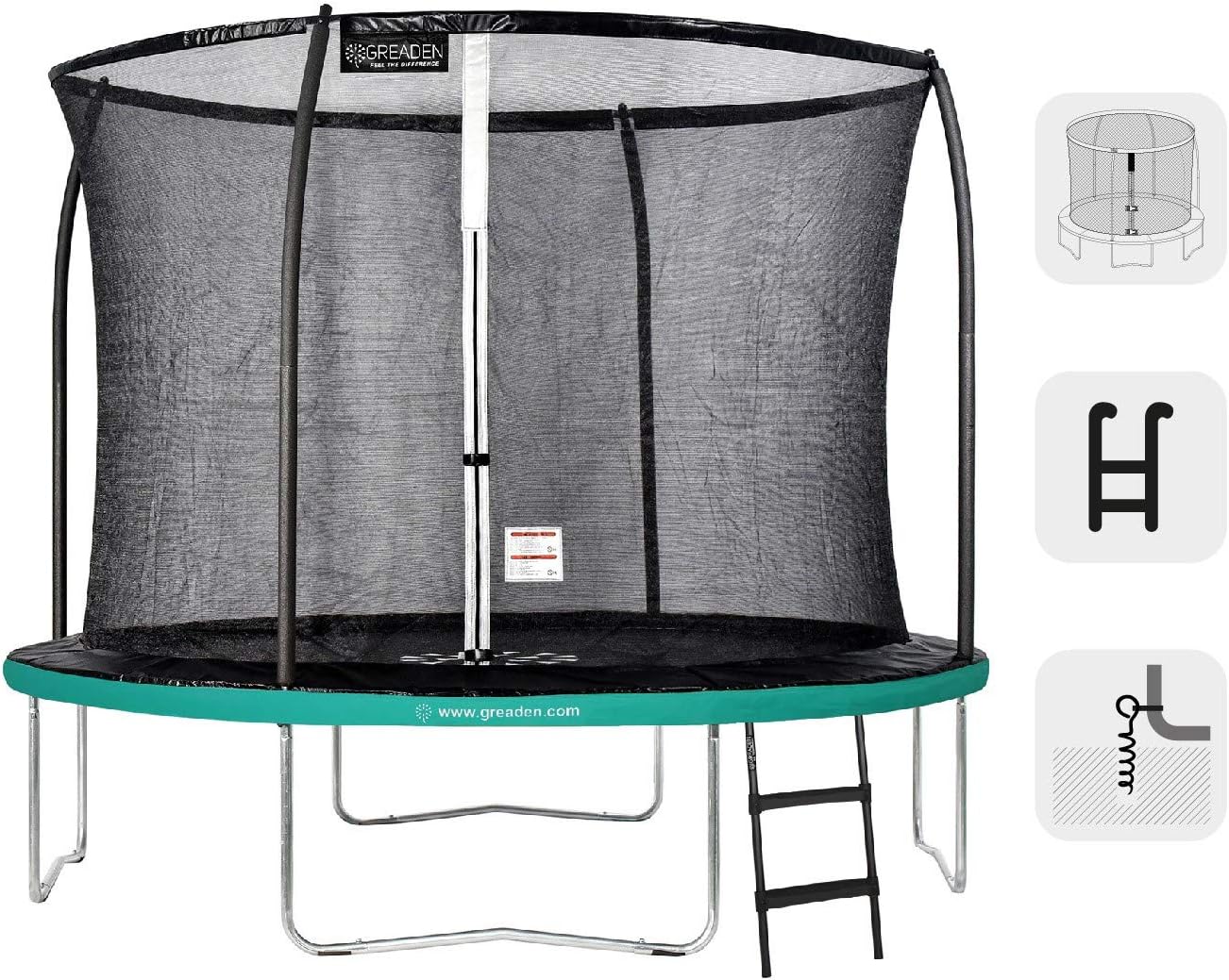 Greaden Round Garden Trampoline, Green, 305, with Protective Cushion Net + Ladder/Anchor Kit for Outdoor Games – EU Standards/Safe